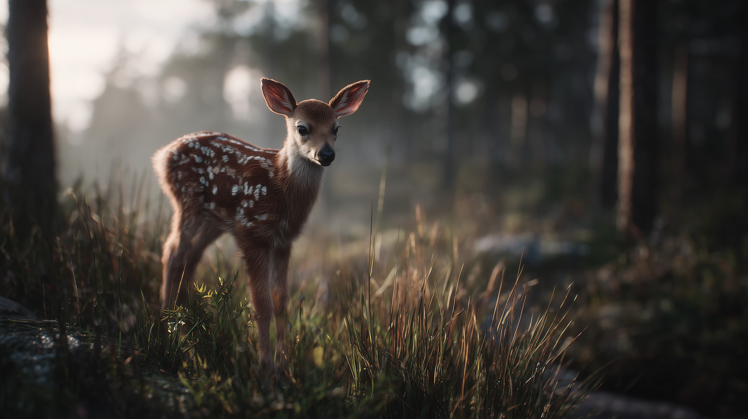 Newborn Fawn in Misty Forest Morning - Realistic Wildlife Wallpaper