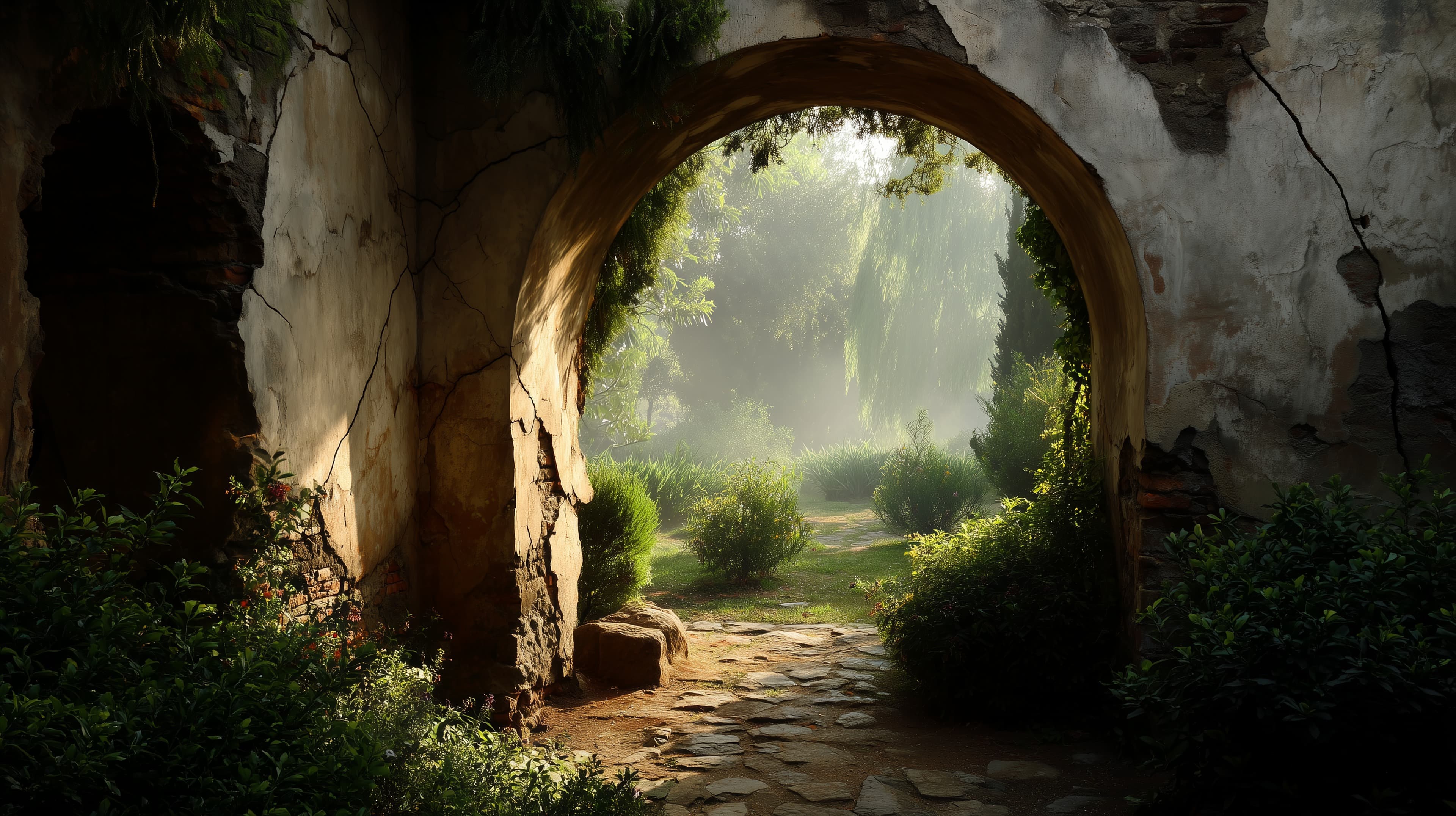 Tranquil Garden Archway with Sunlit Stone Path – Scenic Wallpaper - High Resolution garden-arch Wallpaper for Mobile and Desktop