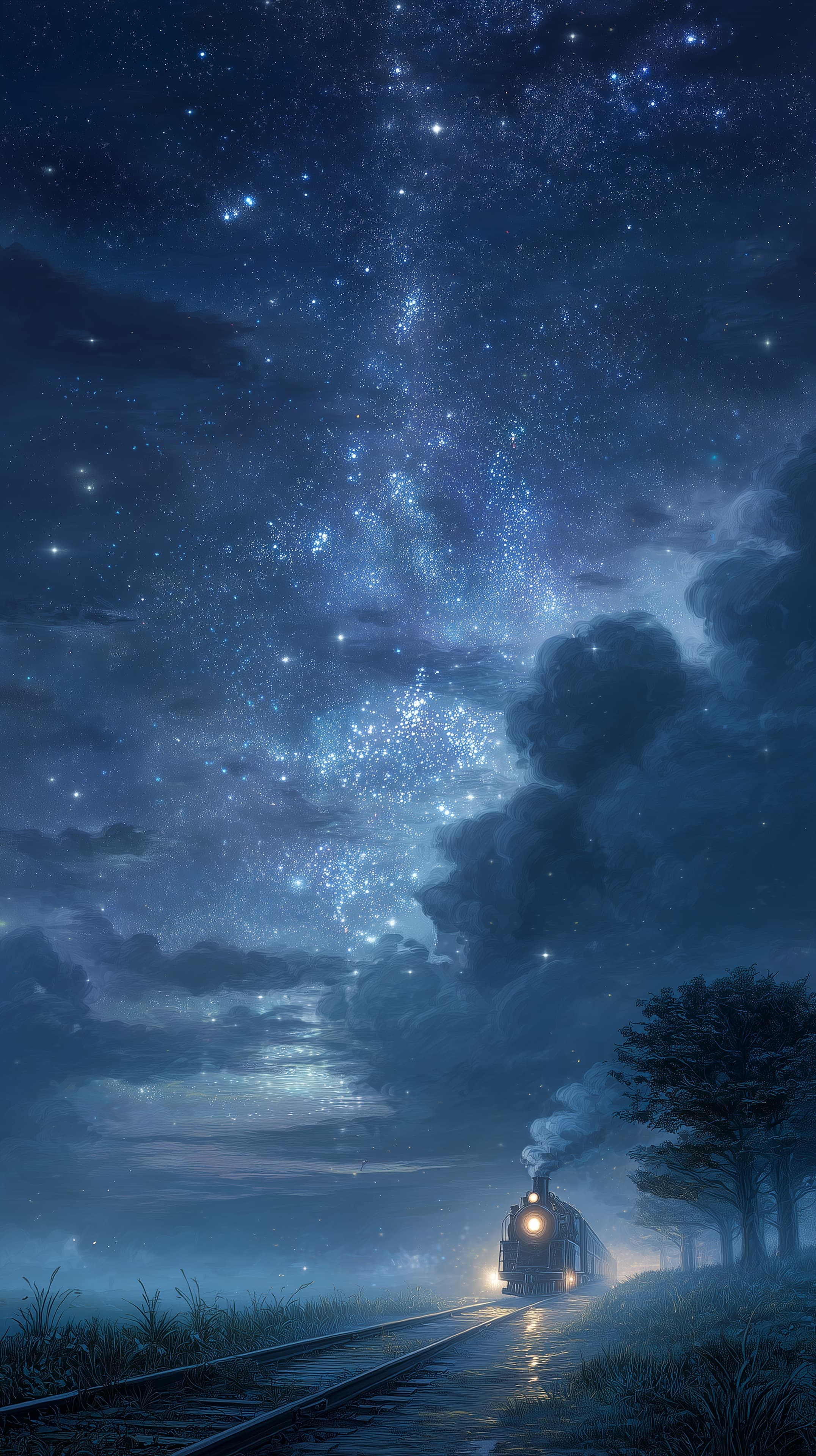 Night Sky Train: Serene Blue Starry Landscape Wallpaper - High Resolution blue-night Wallpaper for Mobile and Desktop
