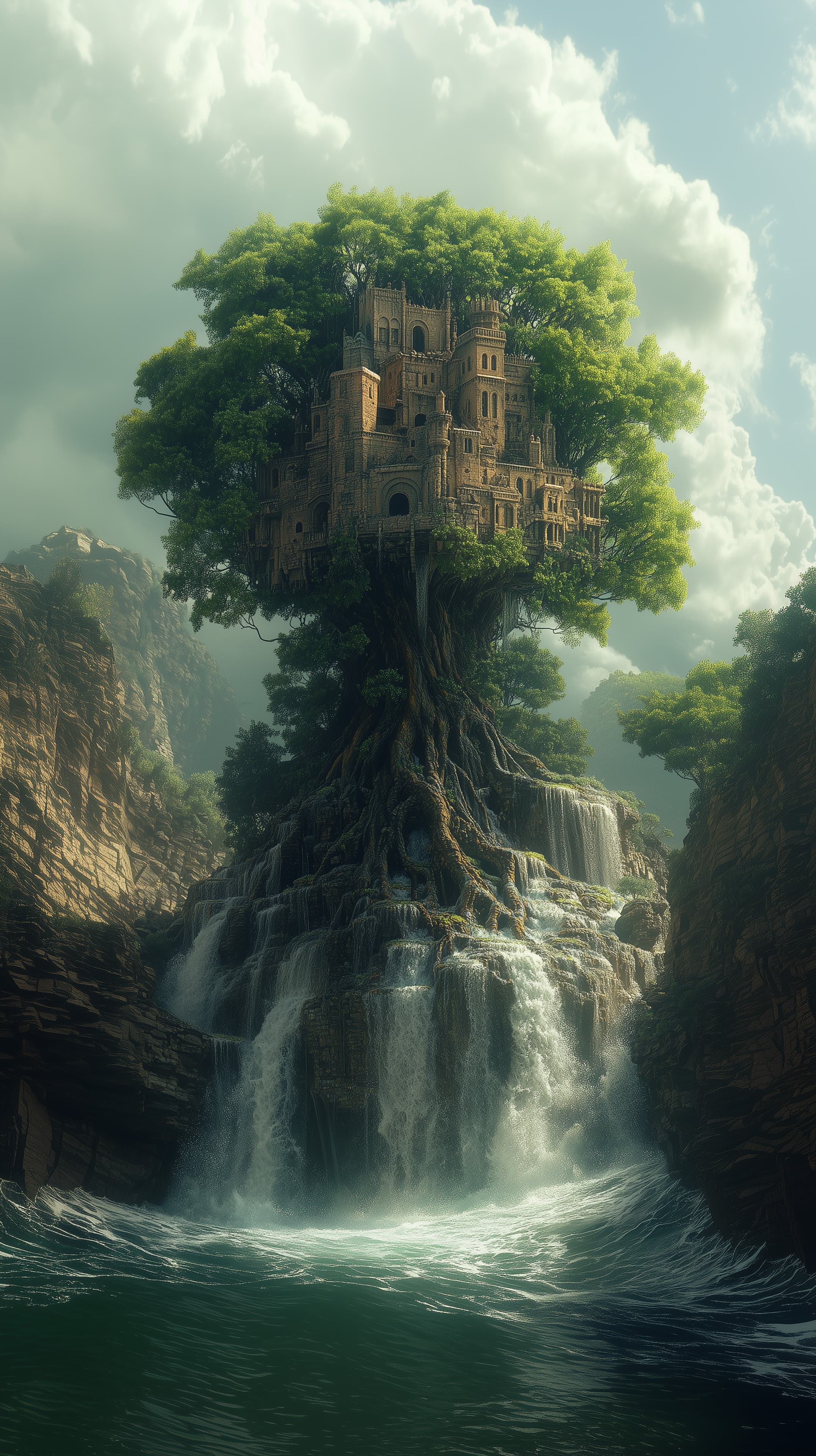 Enchanted Treecastle Over a Waterfall - Fantasy Wallpaper - High Resolution castle Wallpaper for Mobile and Desktop