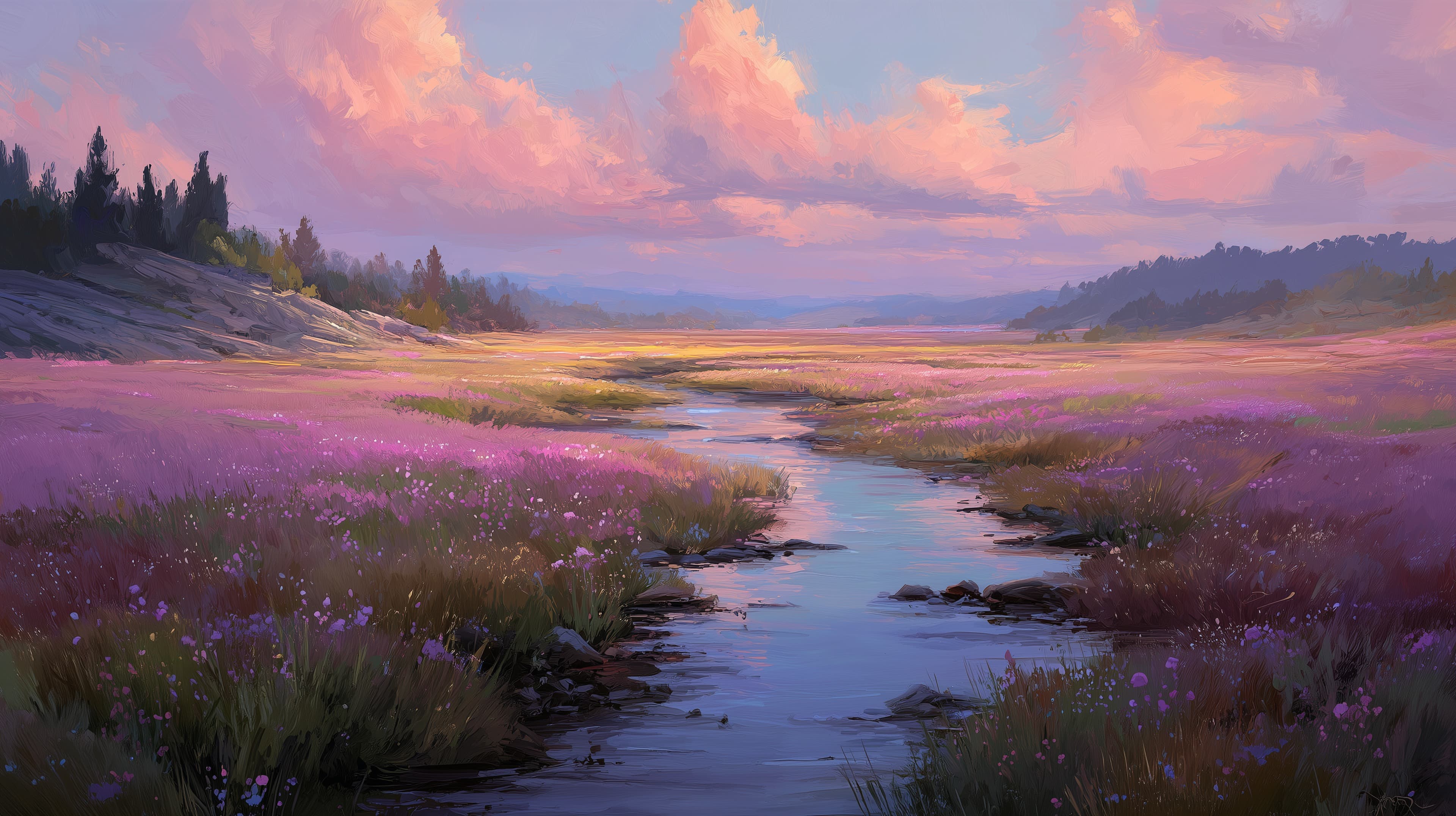 Pastel Sunset Meadow with Lavender River: Dreamy Landscape Wallpaper - High Resolution calm-water Wallpaper for Mobile and Desktop