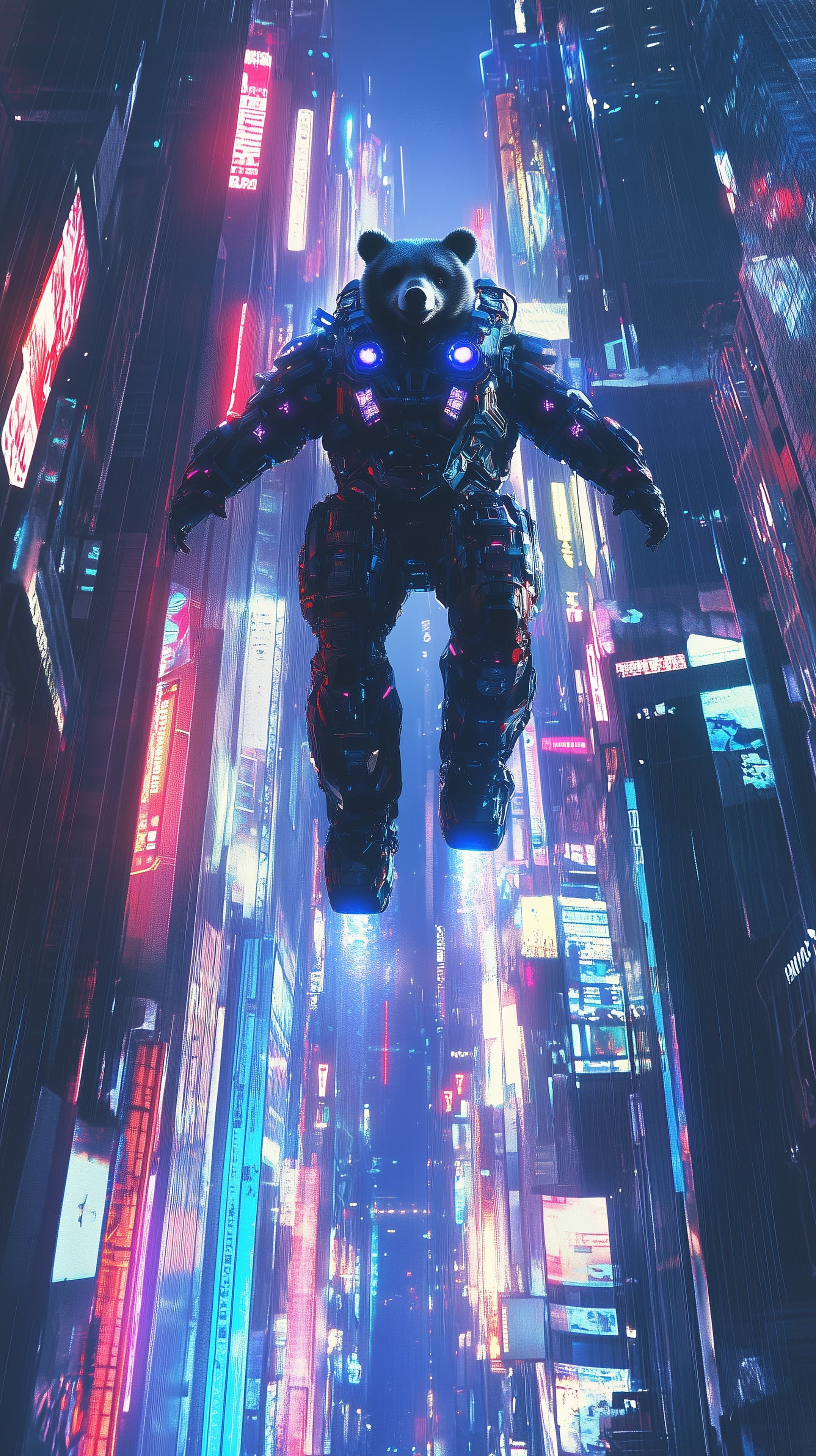Cyberpunk Bear in Neon Mech Over Neon City Skyline at Night - High Resolution armored-suit Wallpaper for Mobile and Desktop
