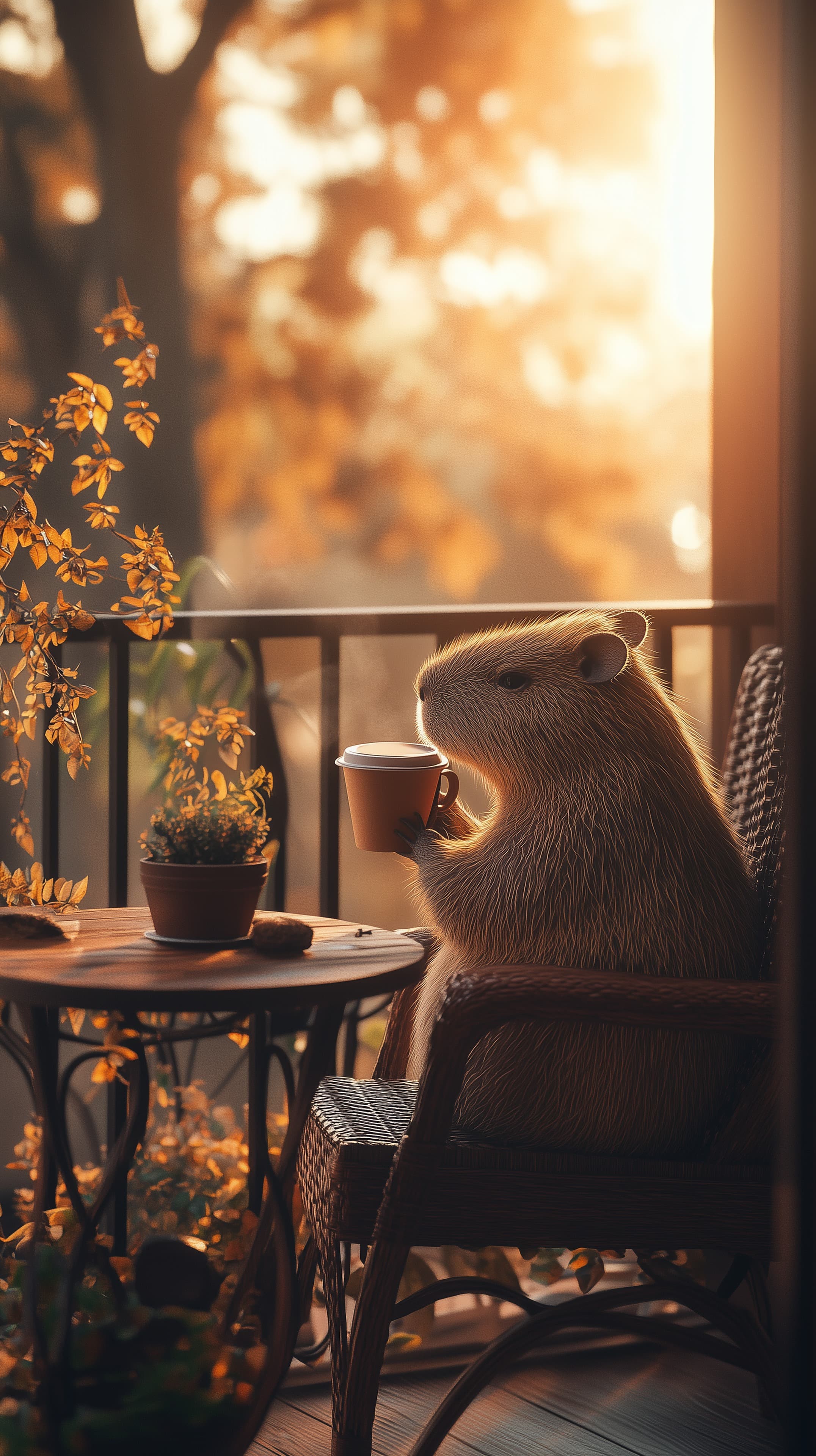Cozy autumn balcony scene with a capybara sipping coffee - High Resolution autumn Wallpaper for Mobile and Desktop