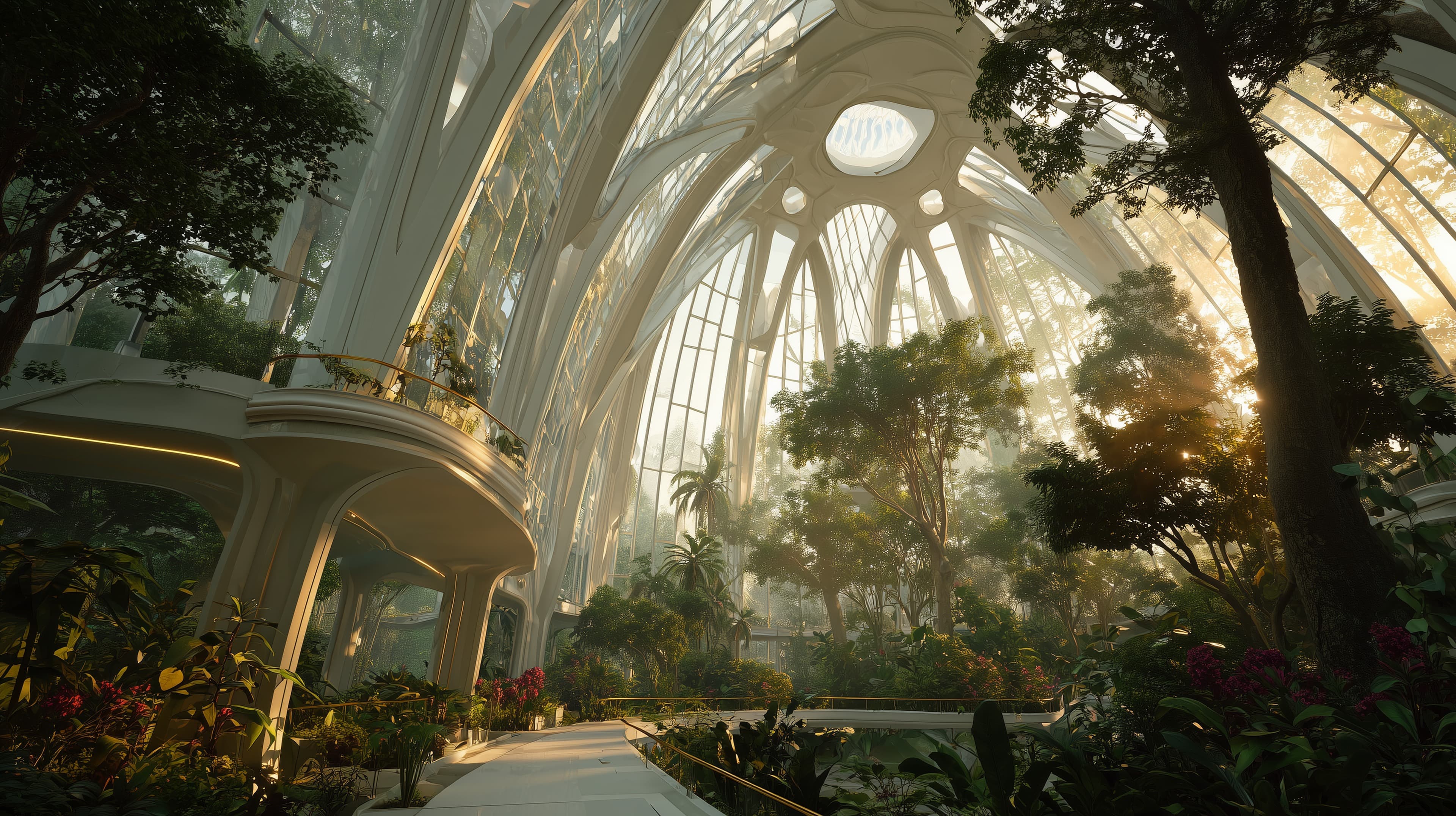 Sunlit Glass Conservatory Atrium with Lush Indoor Garden - High Resolution architectural-garden Wallpaper for Mobile and Desktop