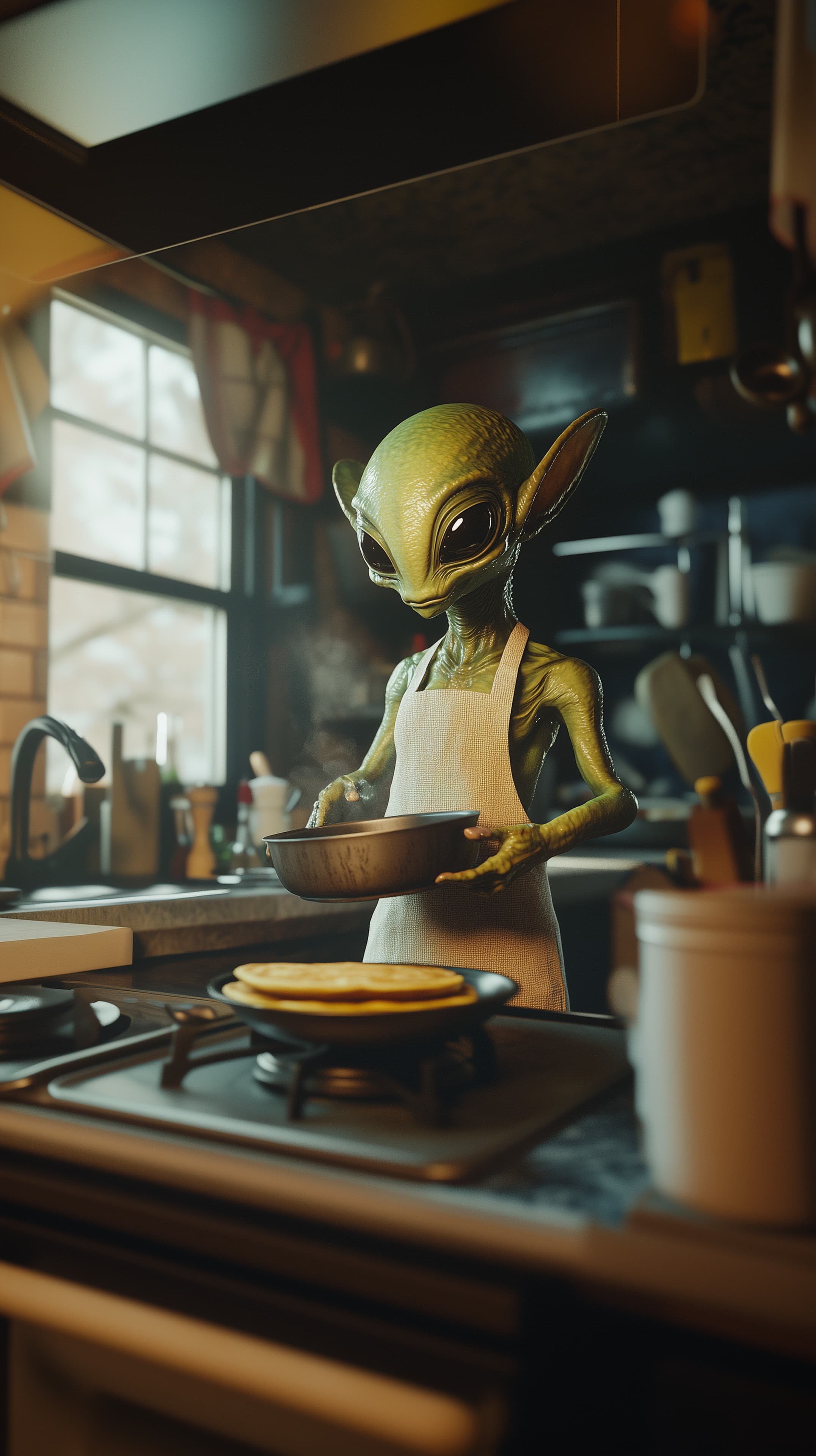 Whimsical Alien Chef in a Cozy Kitchen Cooking Pancakes - High Resolution alien Wallpaper for Mobile and Desktop