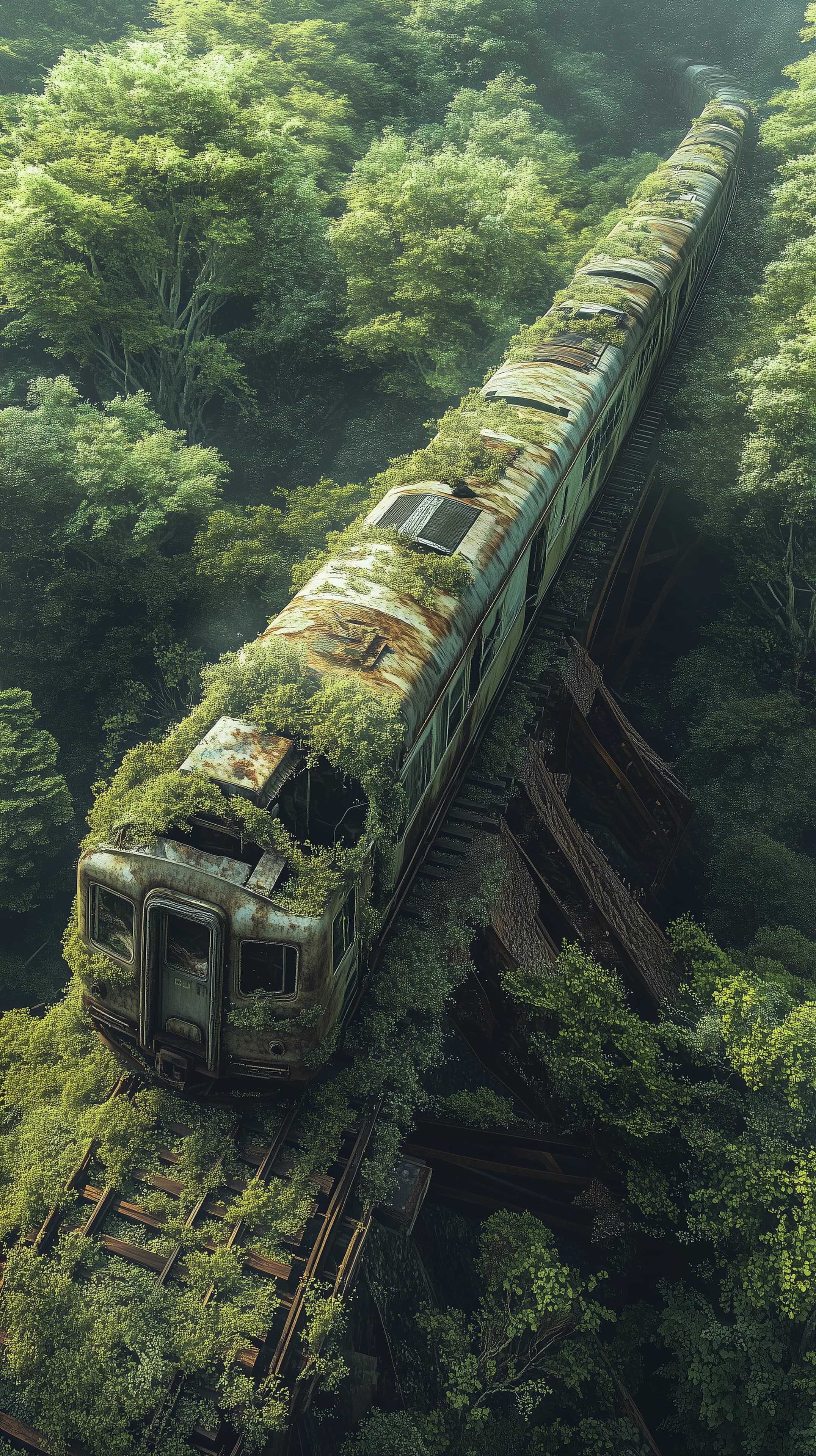 Overgrown Abandoned Train in a Verdant Forest Landscape - High Resolution abandoned-train Wallpaper for Mobile and Desktop