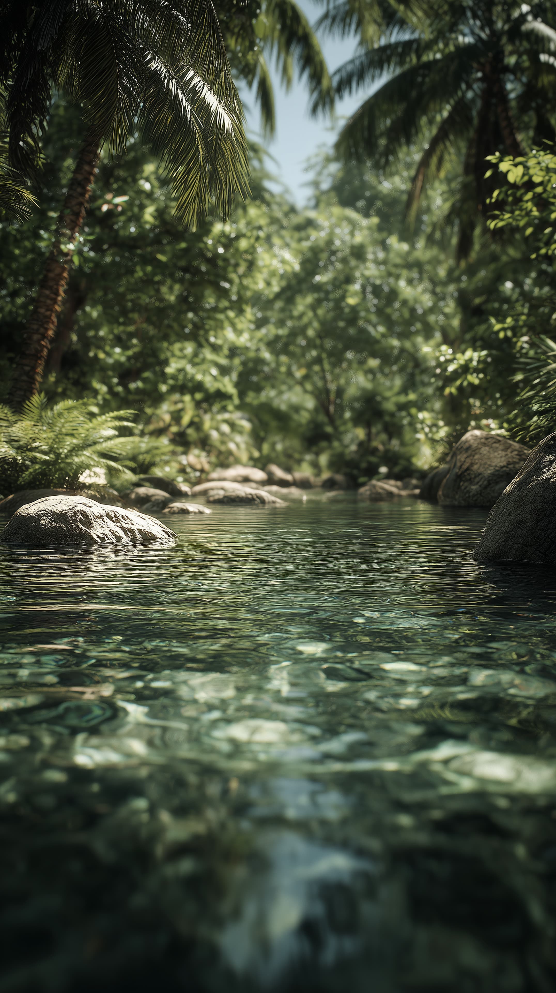 Serene tropical river scene with palm shadows and clear water - High Resolution clear-water Wallpaper for Mobile and Desktop