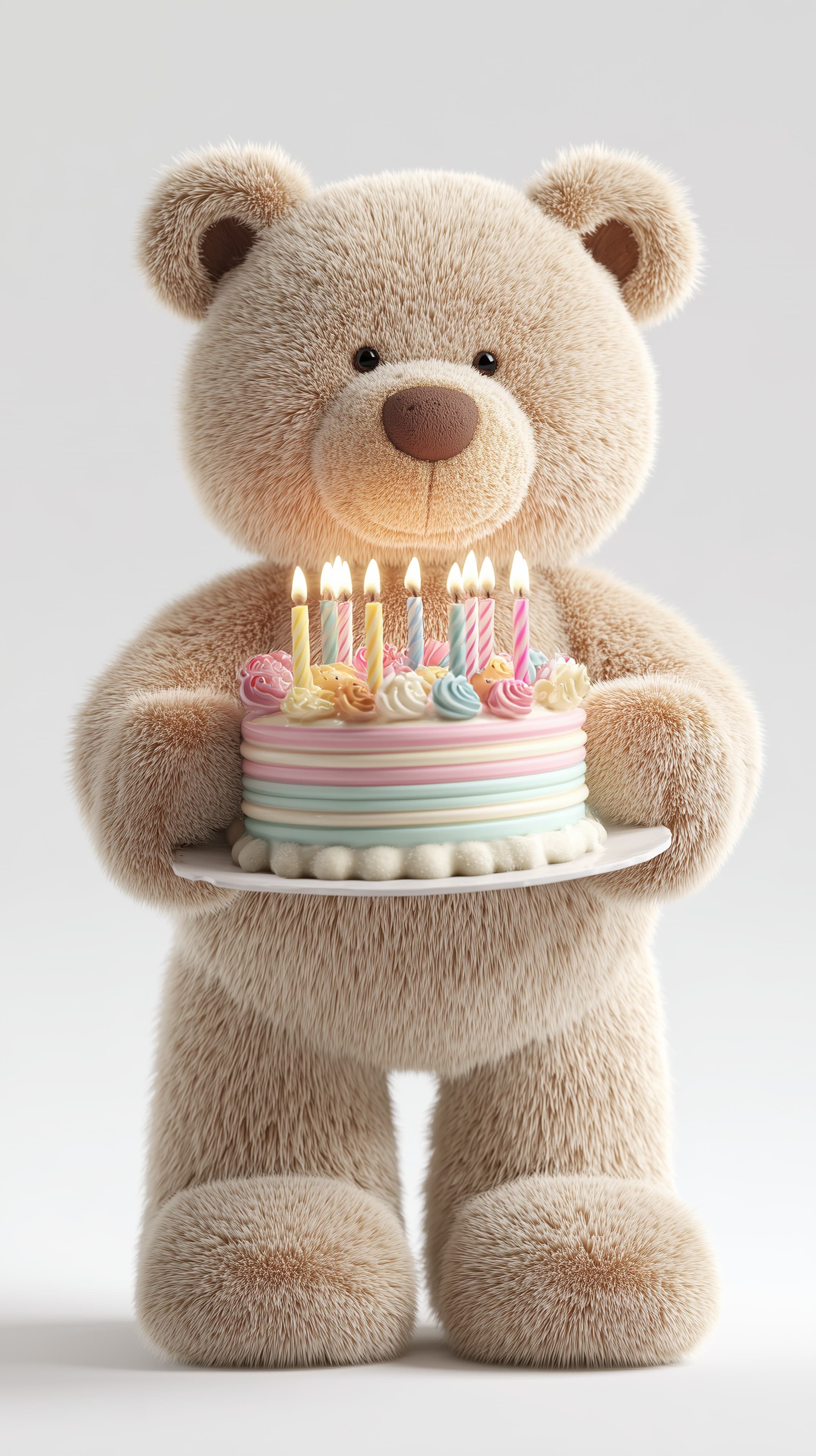Adorable Plush Teddy Bear with Pastel Birthday Cake - High Resolution 3d-render Wallpaper for Mobile and Desktop