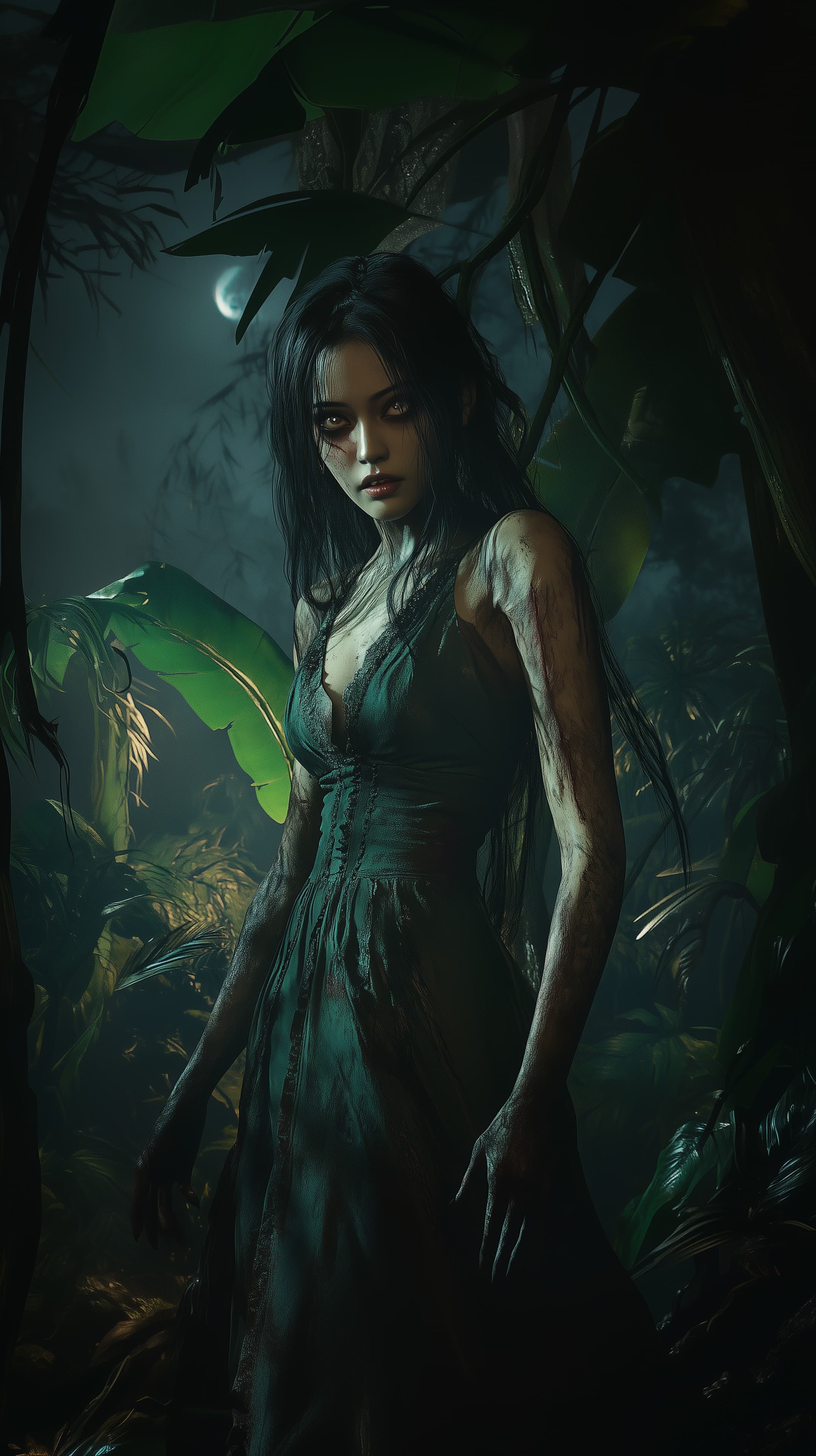 Moonlit Jungle Siren in Dark Gown - Mysterious Fantasy - High Resolution cinematic-wallpaper Wallpaper for Mobile and Desktop