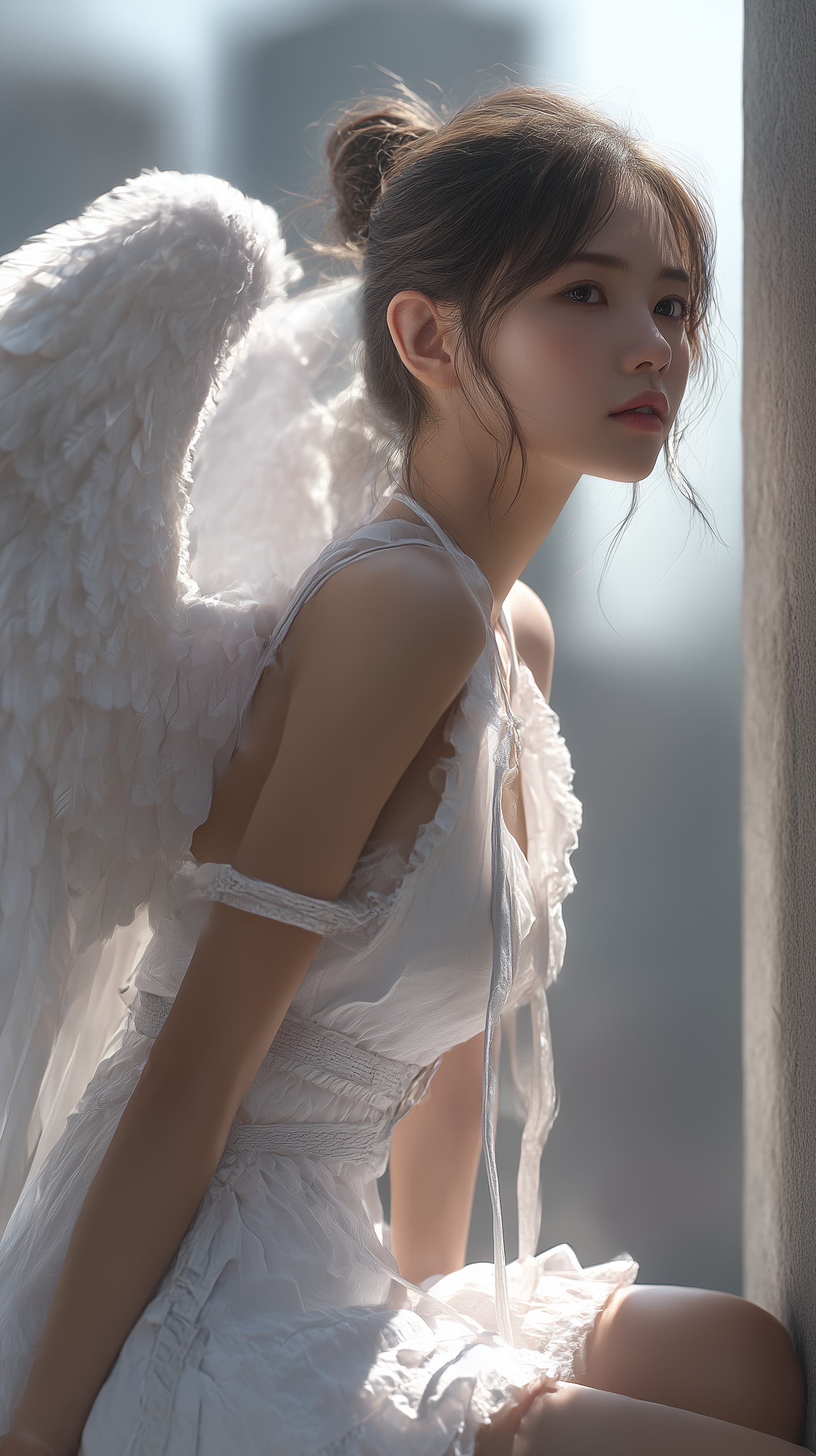 Dreamy angel wings portrait in a white dress with soft backlight - High Resolution angel-wings Wallpaper for Mobile and Desktop