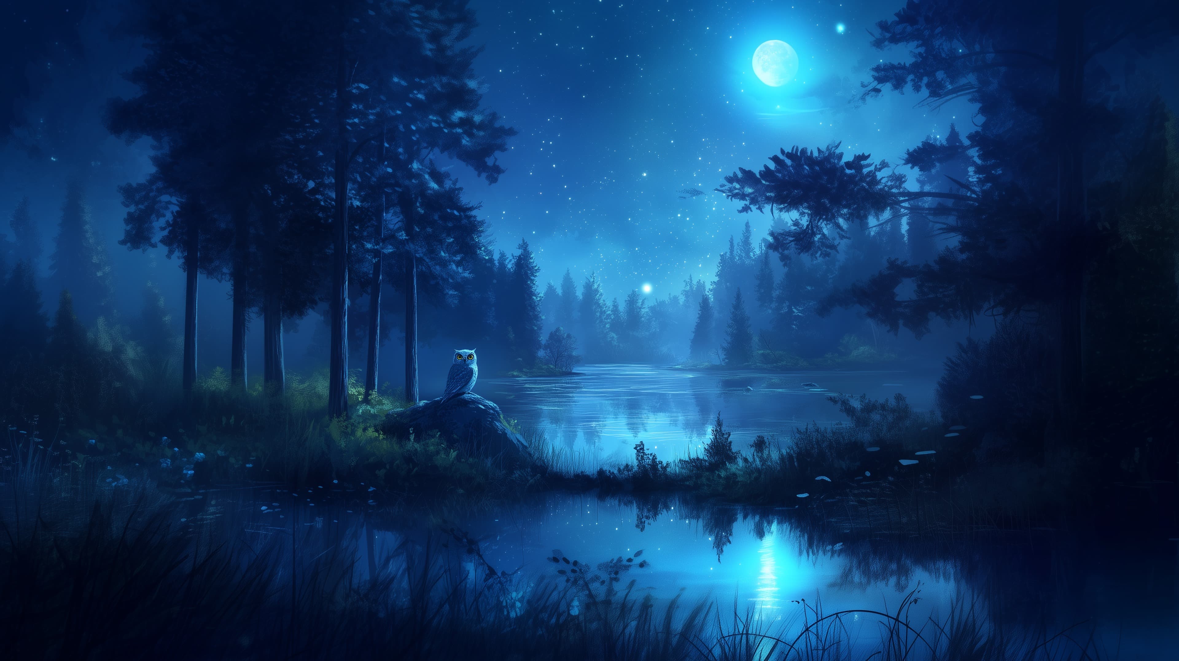 Moonlit Forest Lake at Night: Serene Blue Nightscape - High Resolution blue-landscape Wallpaper for Mobile and Desktop