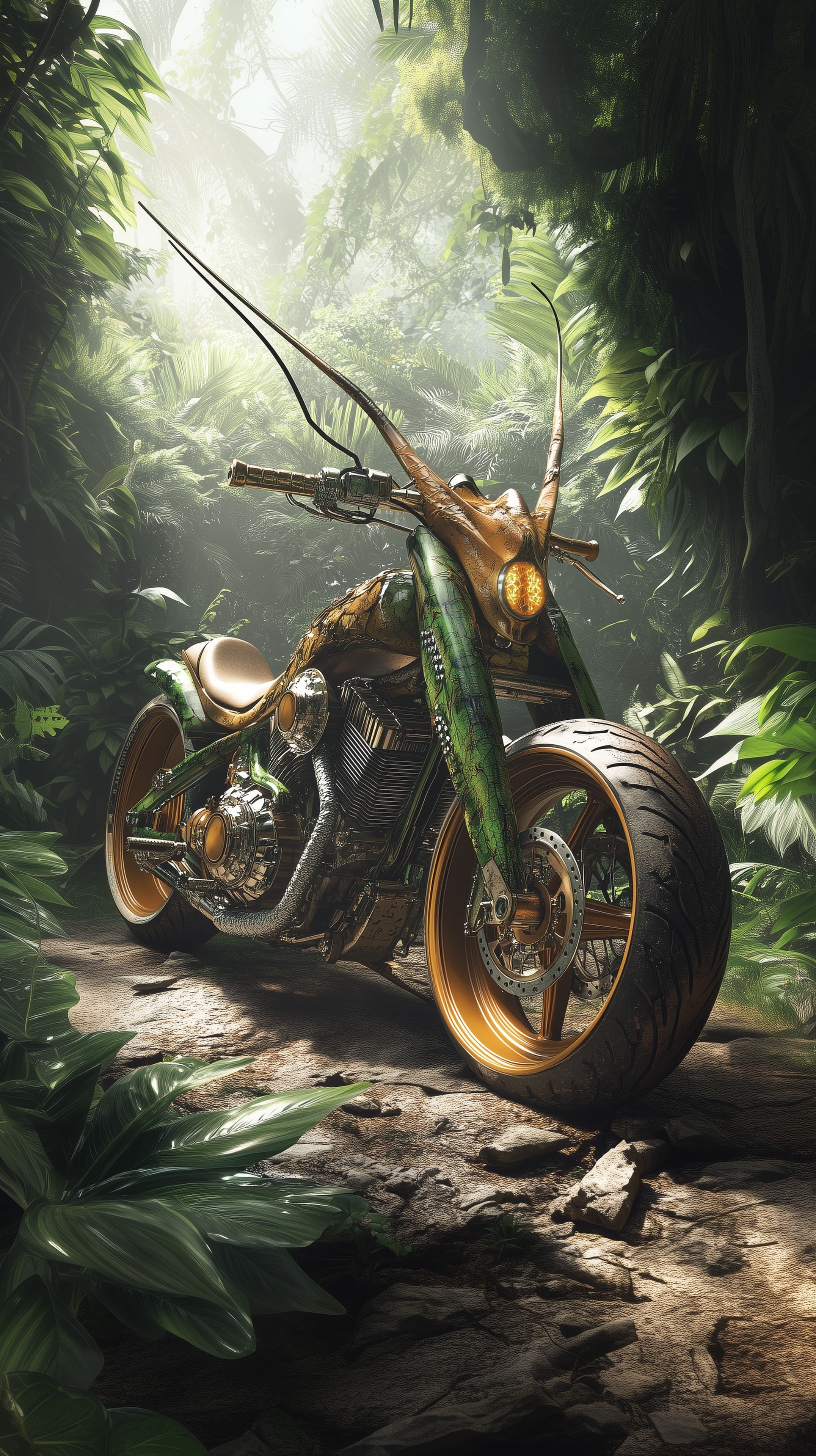 Jungle Neon Custom Motorcycle in Tropical Rainforest - High Resolution jungle Wallpaper for Mobile and Desktop