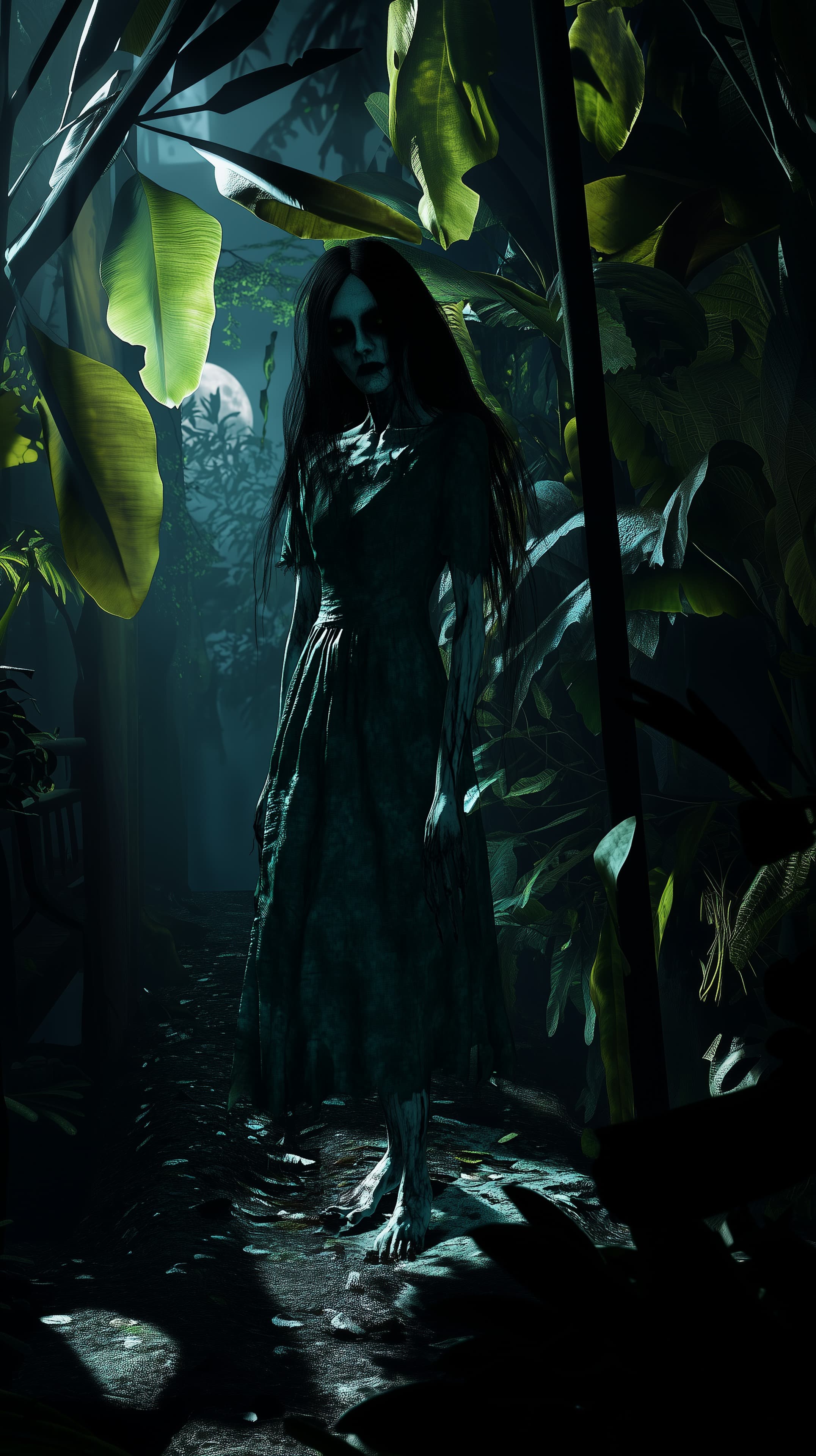 Moonlit Gothic Woman in a Dense Jungle Nightscape Silhouette - High Resolution blue-green-lighting Wallpaper for Mobile and Desktop