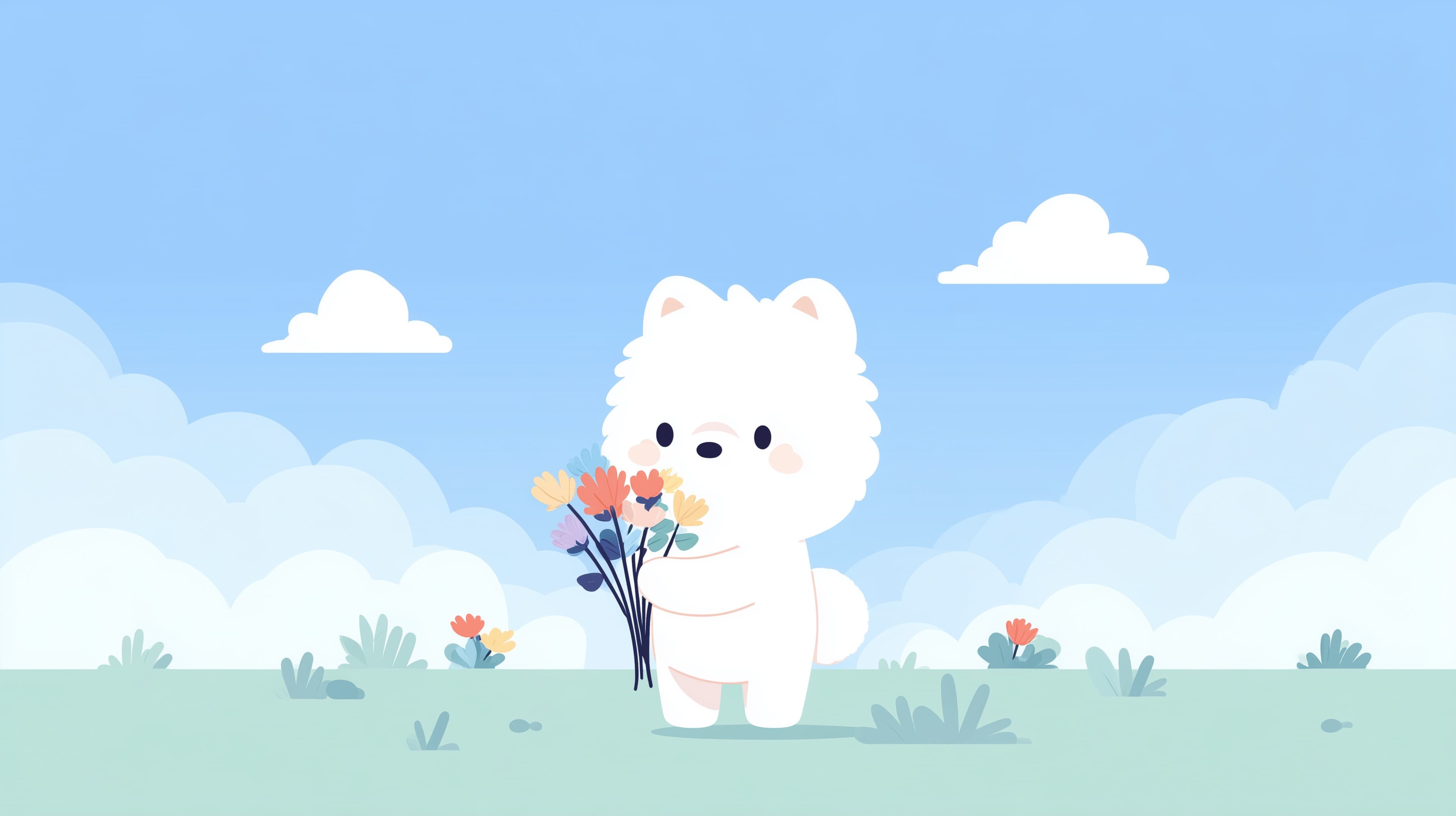 Pastel Cute Fluffy Animal with Bouquet - Soft Sky Wallpaper - High Resolution blue-sky Wallpaper for Mobile and Desktop