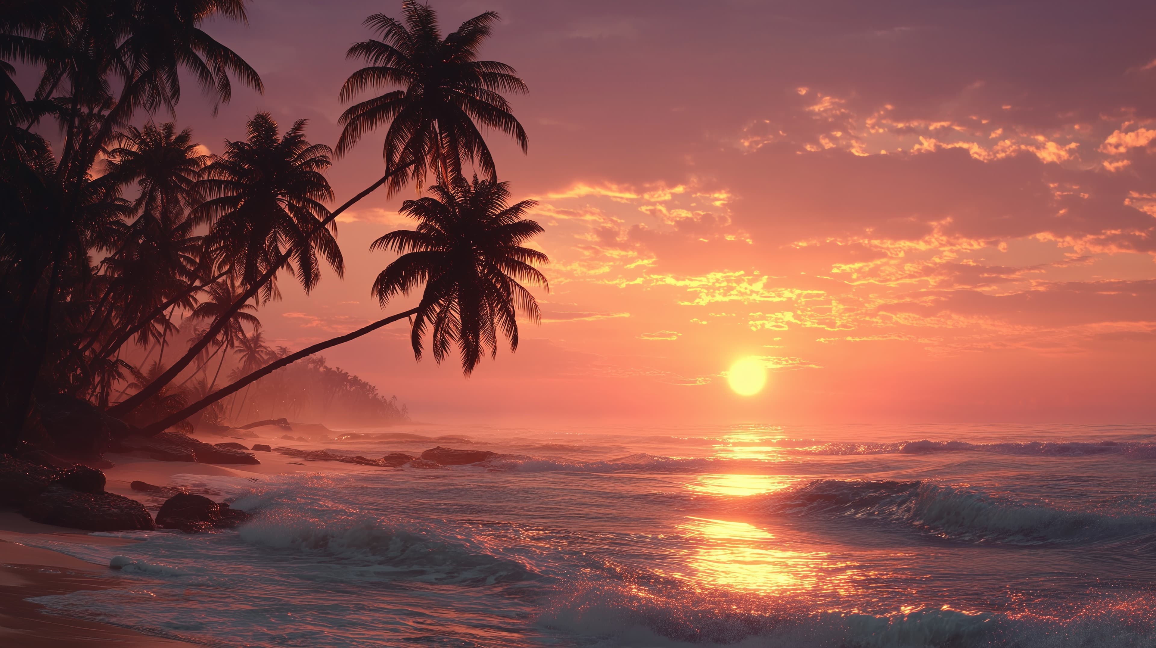 Tranquil Tropical Sunset Beach Wallpaper with Silhouetted Palm Trees - High Resolution beach Wallpaper for Mobile and Desktop