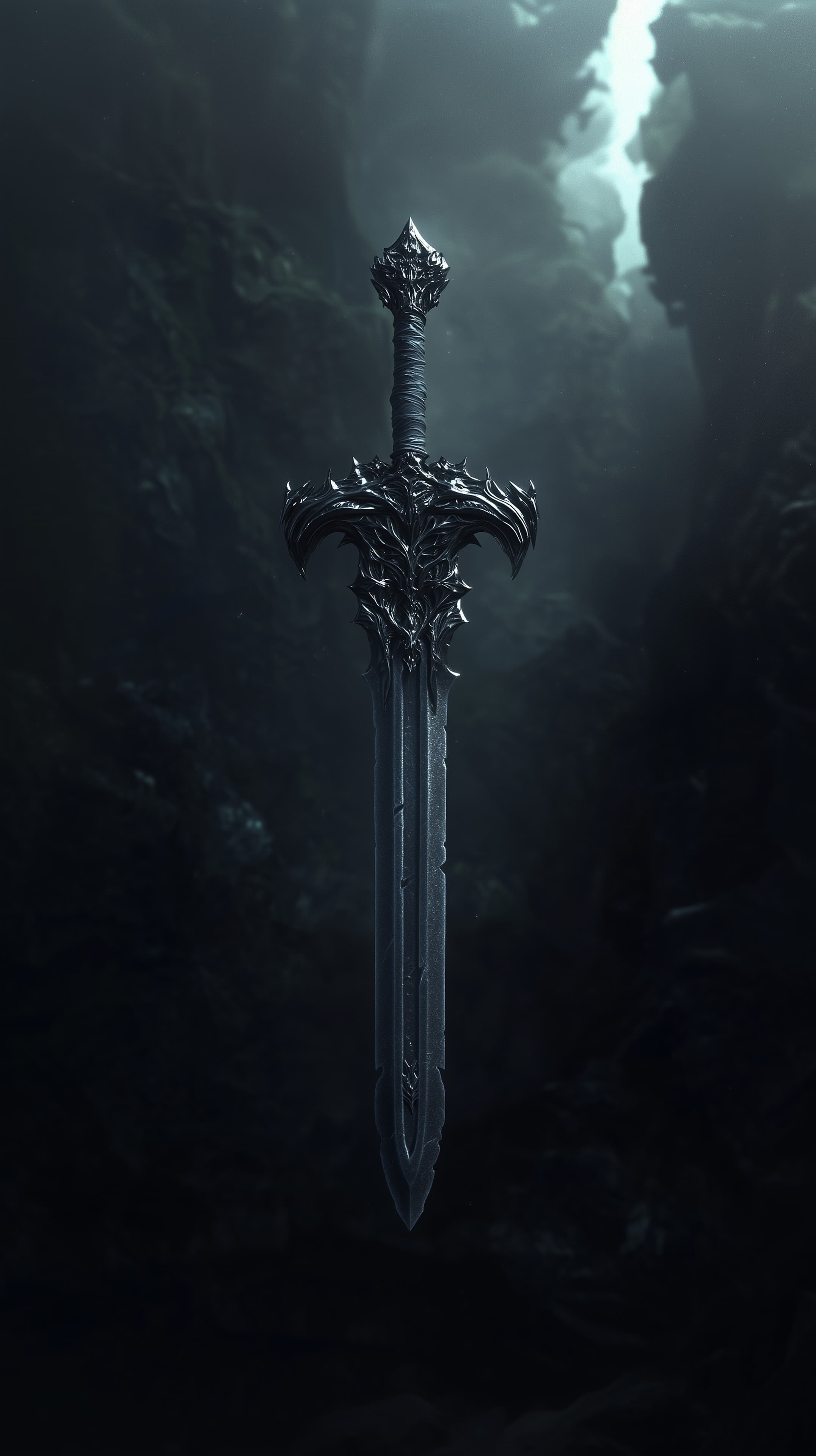 Dark Fantasy Sword in a Shadowy Cavern – Epic Wallpaper - High Resolution blue-lighting Wallpaper for Mobile and Desktop