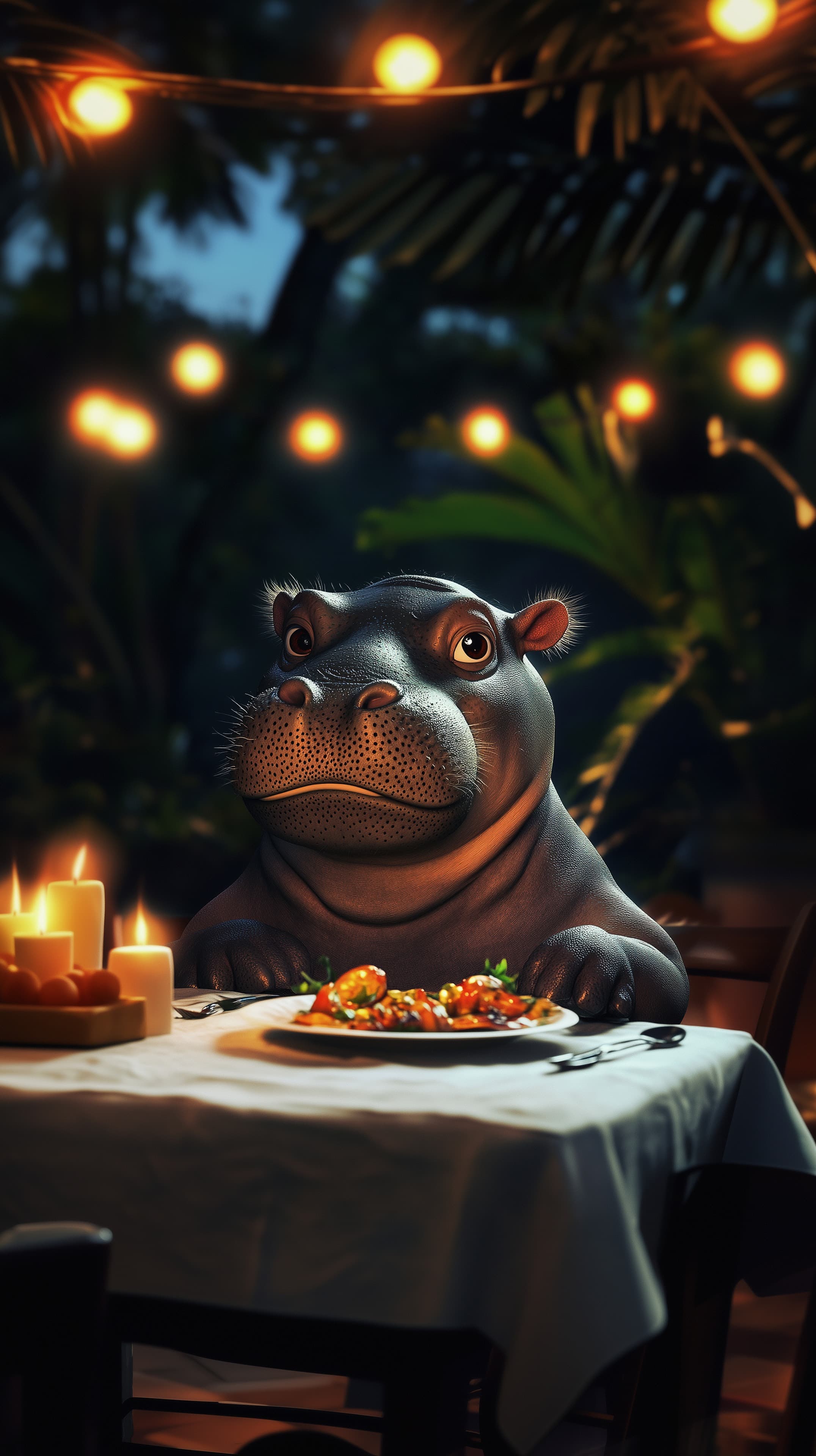Whimsical Hippo Dining Under Nighttime Lanterns Glow - High Resolution 3d Wallpaper for Mobile and Desktop