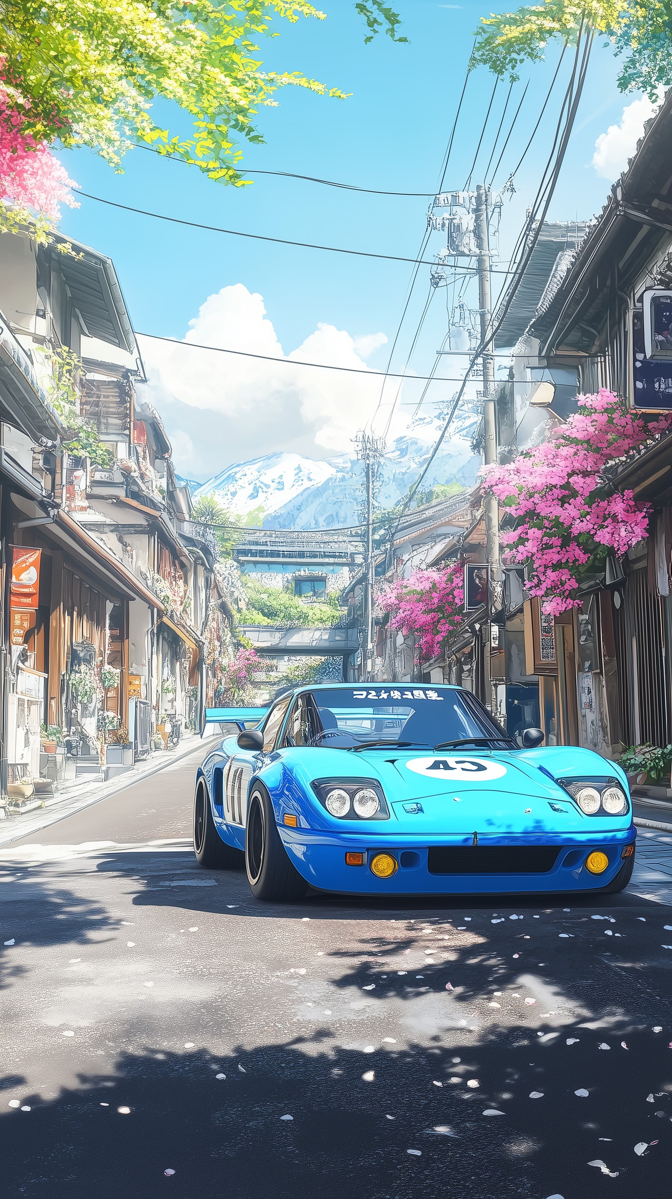 Vibrant blue race car on sunlit mountain town street - High Resolution alpine-scenery Wallpaper for Mobile and Desktop
