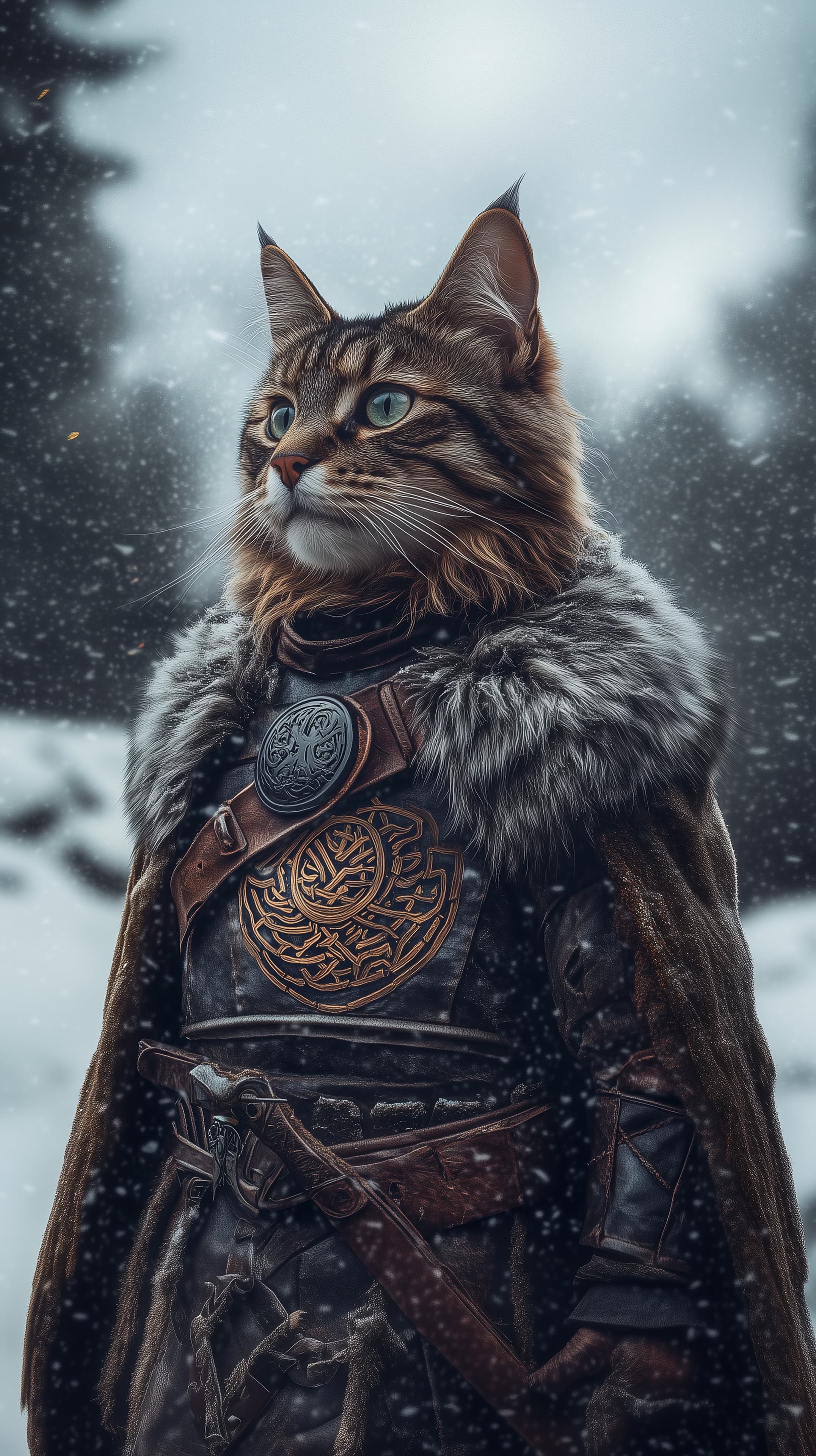 Epic Feline Warrior in Frosty Armor Amid Snow - Fantasy Wallpaper - High Resolution armor Wallpaper for Mobile and Desktop