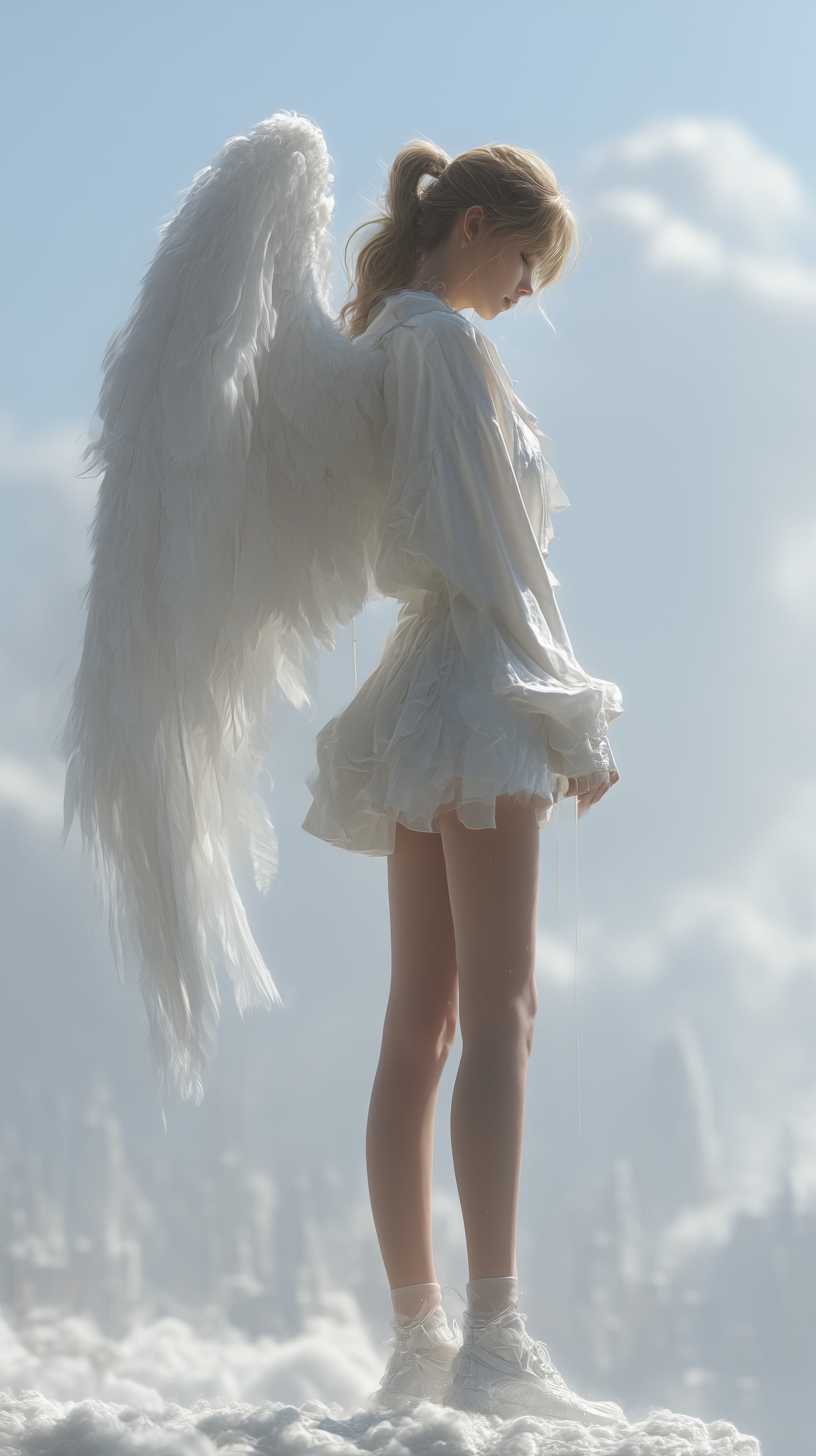 Ethereal Angel in White: Soft Light, Cloudy Sky Wallpaper - High Resolution angelic Wallpaper for Mobile and Desktop
