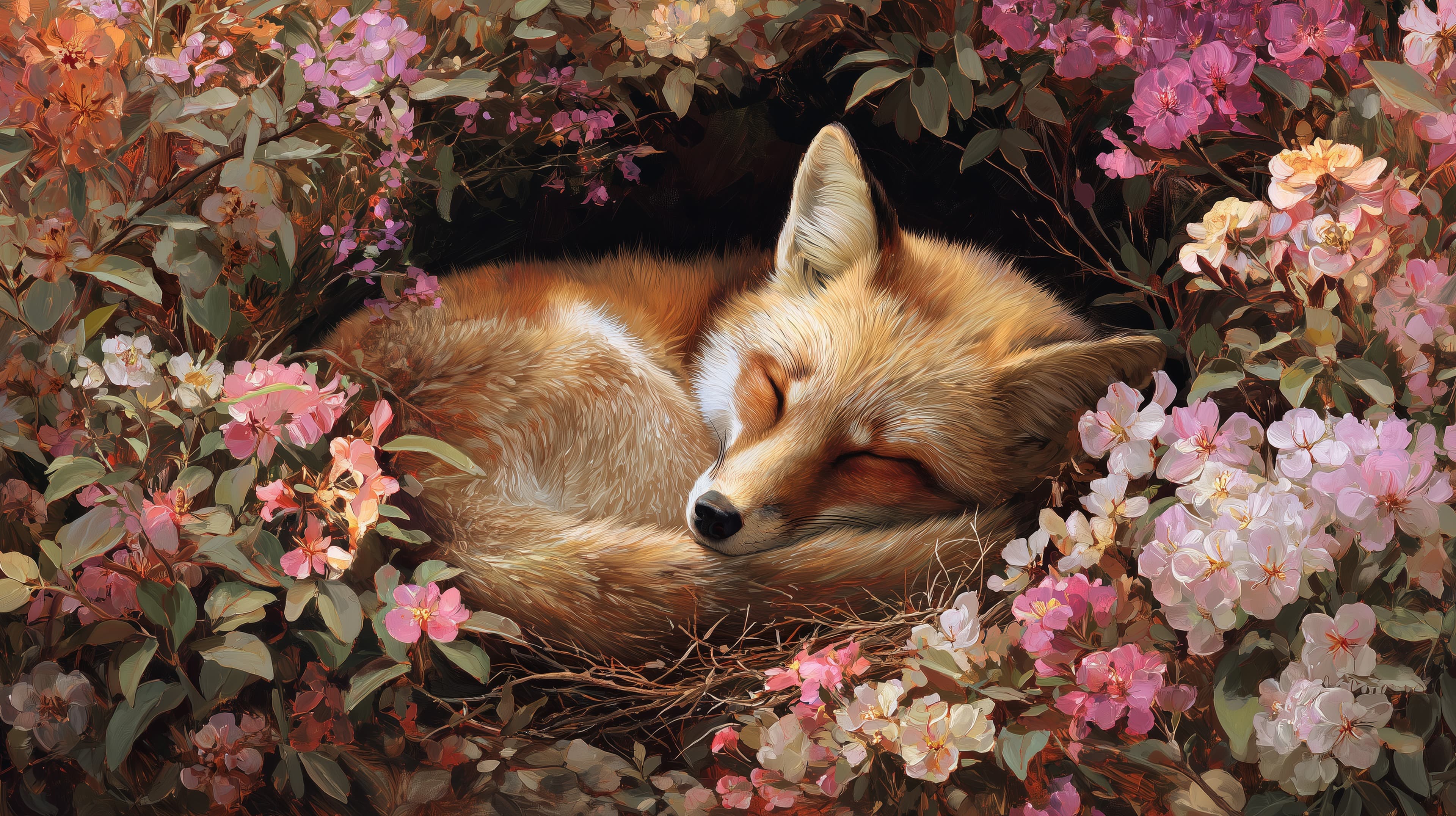 Sleepy Fox in a Floral Nest – Tranquil Nature Wallpaper Artwork - High Resolution calm-wallpaper Wallpaper for Mobile and Desktop