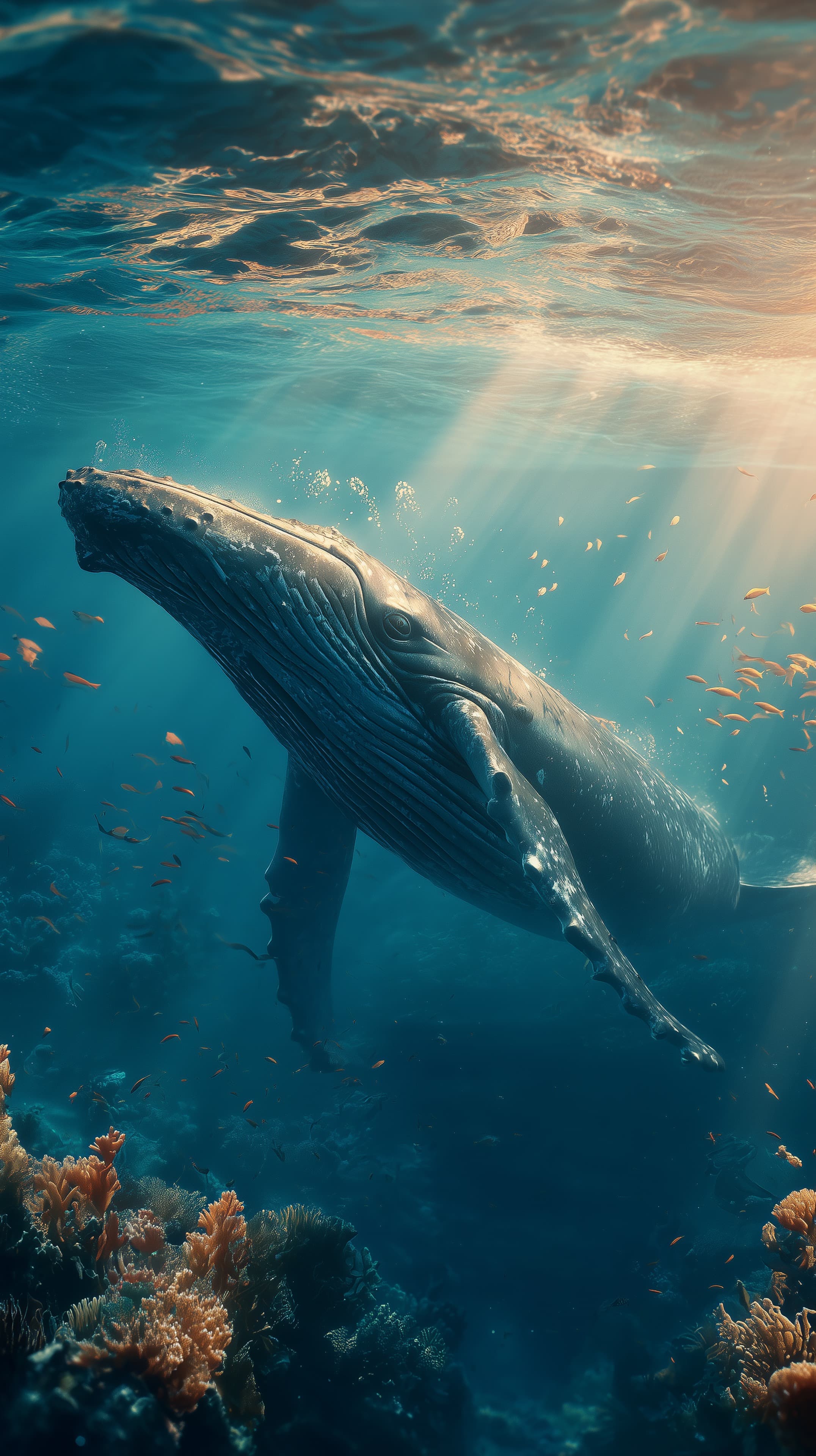 Majestic Whale Gliding Through Sunlit Underwater Blues Dreamscape - High Resolution blue-water Wallpaper for Mobile and Desktop