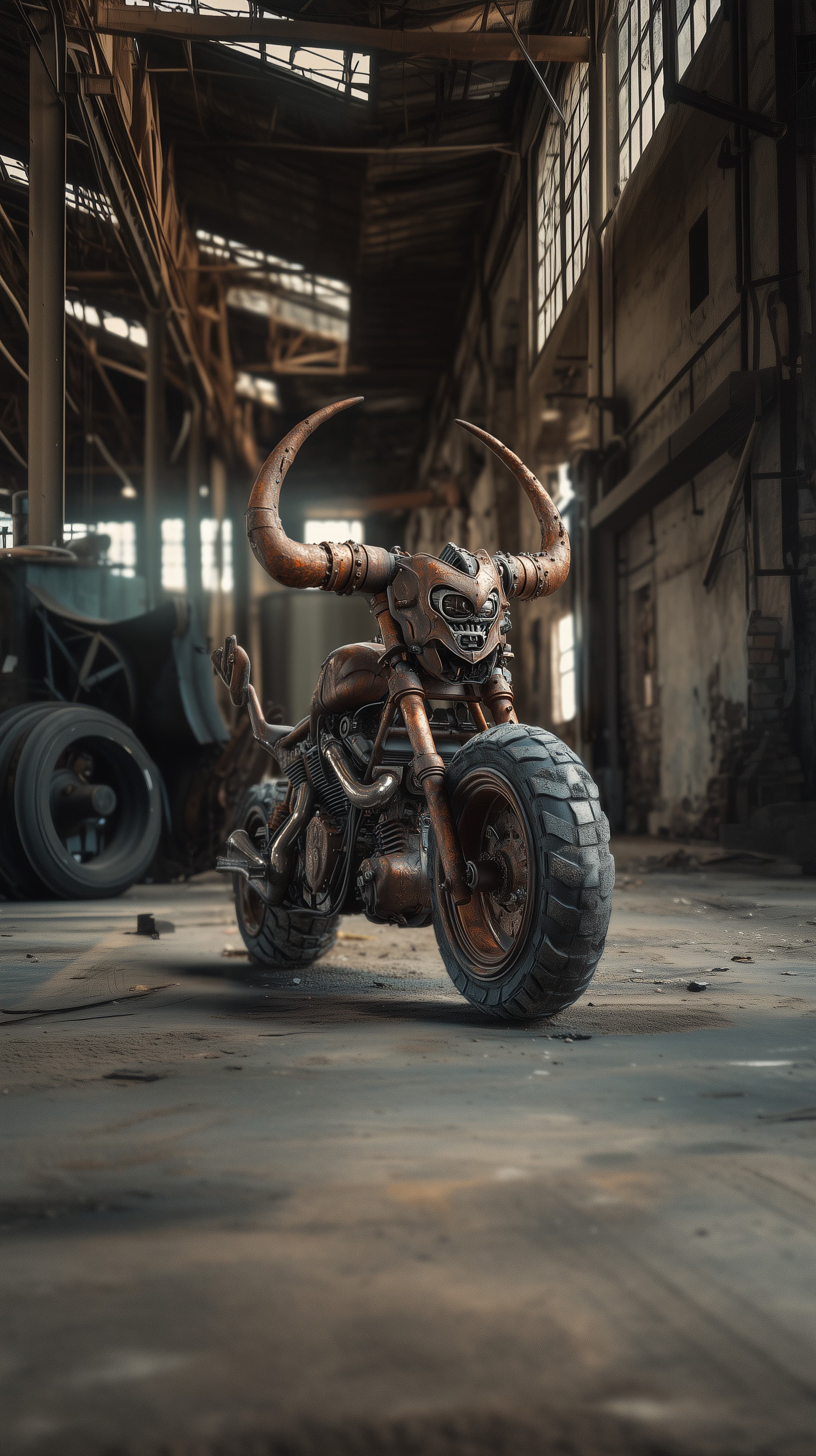 Rusty Steampunk Motorcycle with Horned Helmet in Abandoned Factory - High Resolution abandoned Wallpaper for Mobile and Desktop