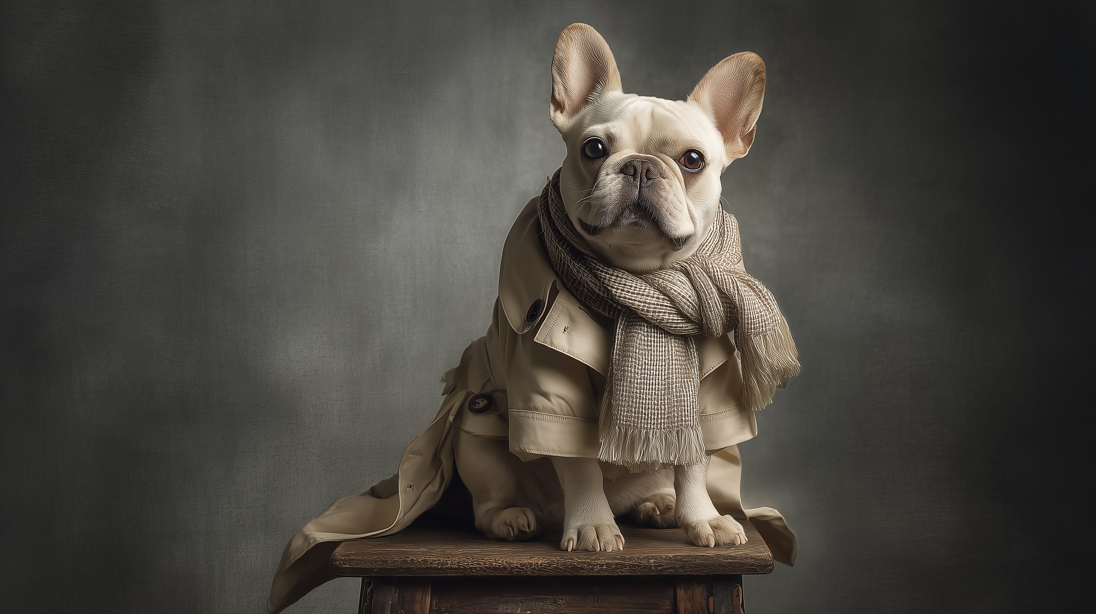 Cozy French Bulldog in Trench Coat and Scarf – Winter Portrait - High Resolution dog Wallpaper for Mobile and Desktop