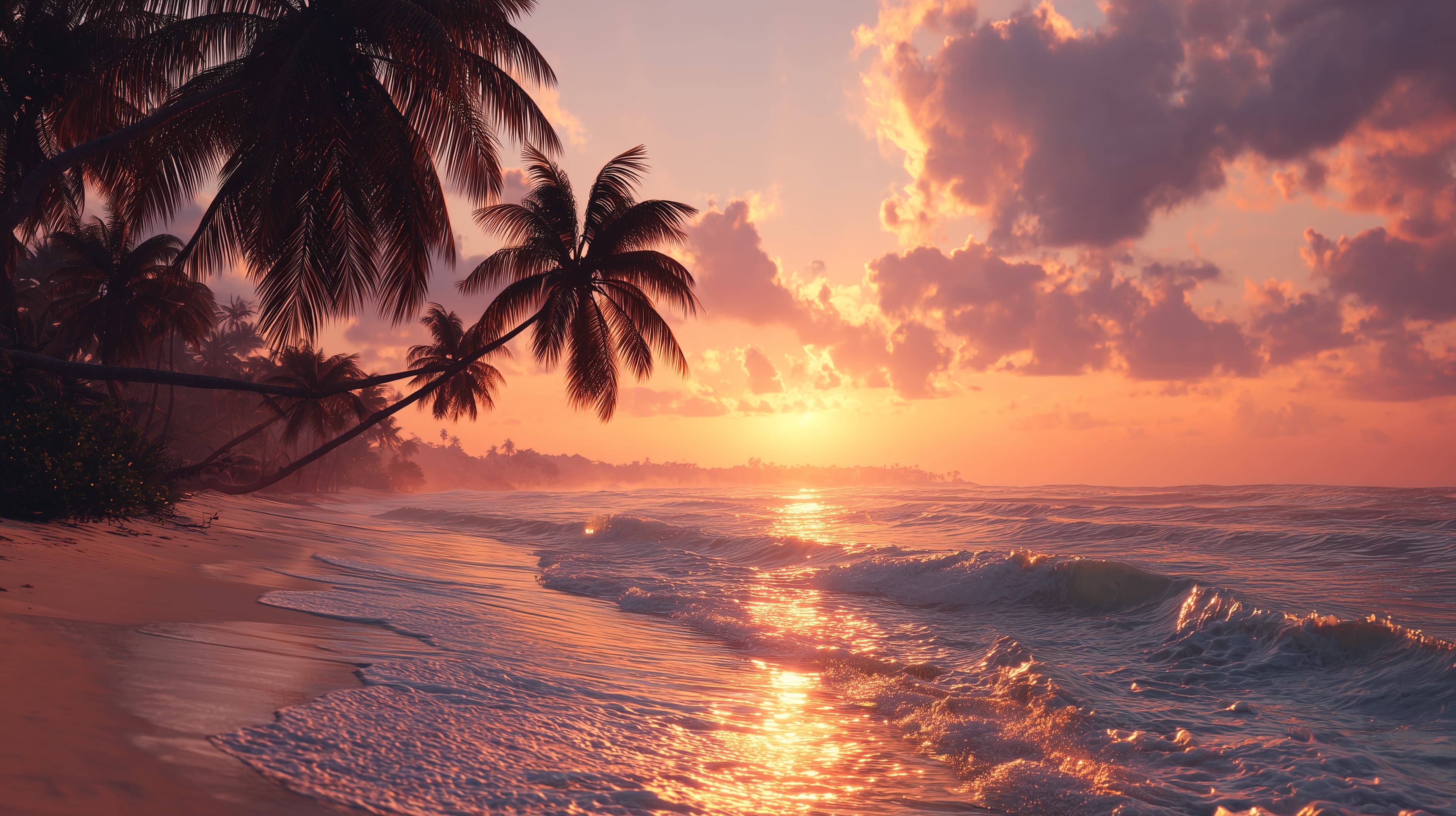 Tropical Sunset Beach with Palm Trees and Gentle Waves - High Resolution beach Wallpaper for Mobile and Desktop