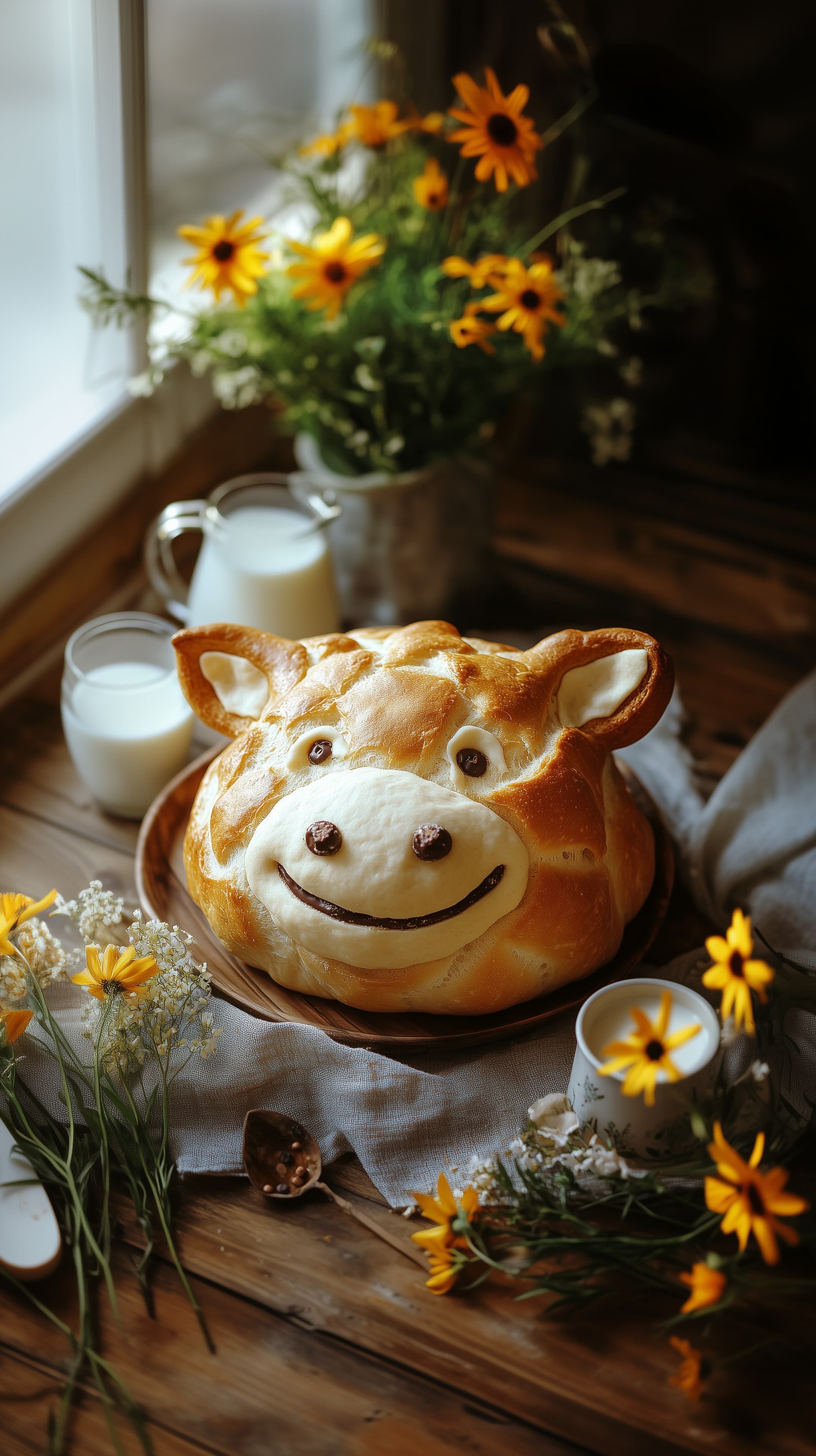 Pig-Shaped Bread Loaf in a Sunny Spring Breakfast Scene - High Resolution bread-art Wallpaper for Mobile and Desktop