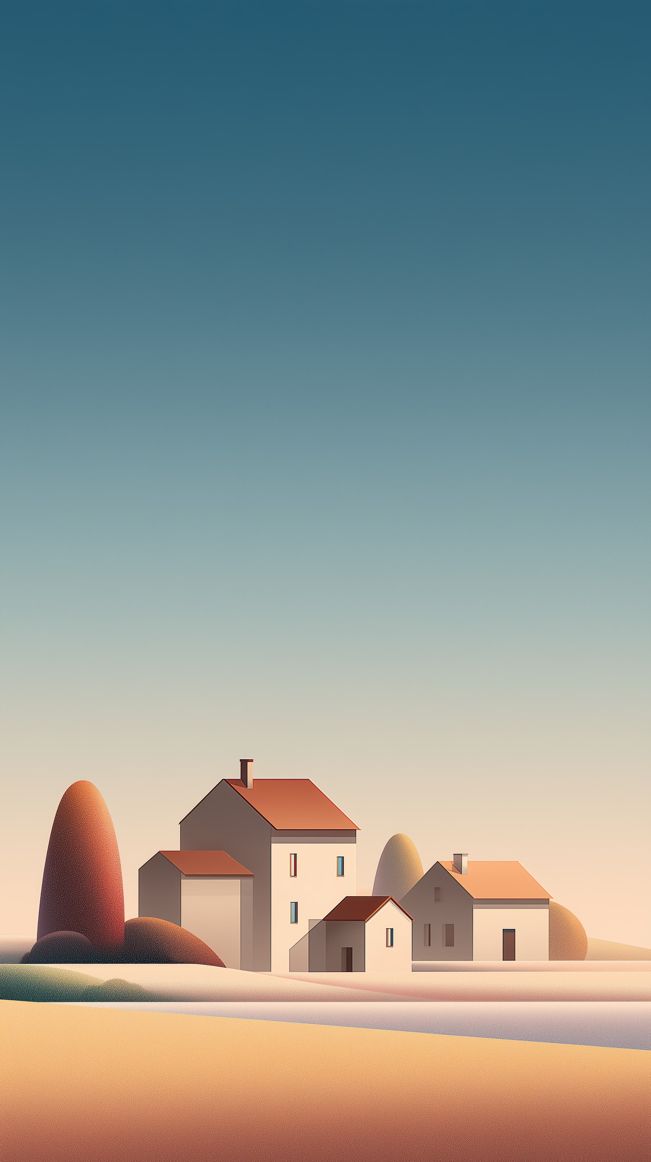 Serene Sunset Village: Minimalist Warm Horizon Artwork - High Resolution calm-landscape Wallpaper for Mobile and Desktop