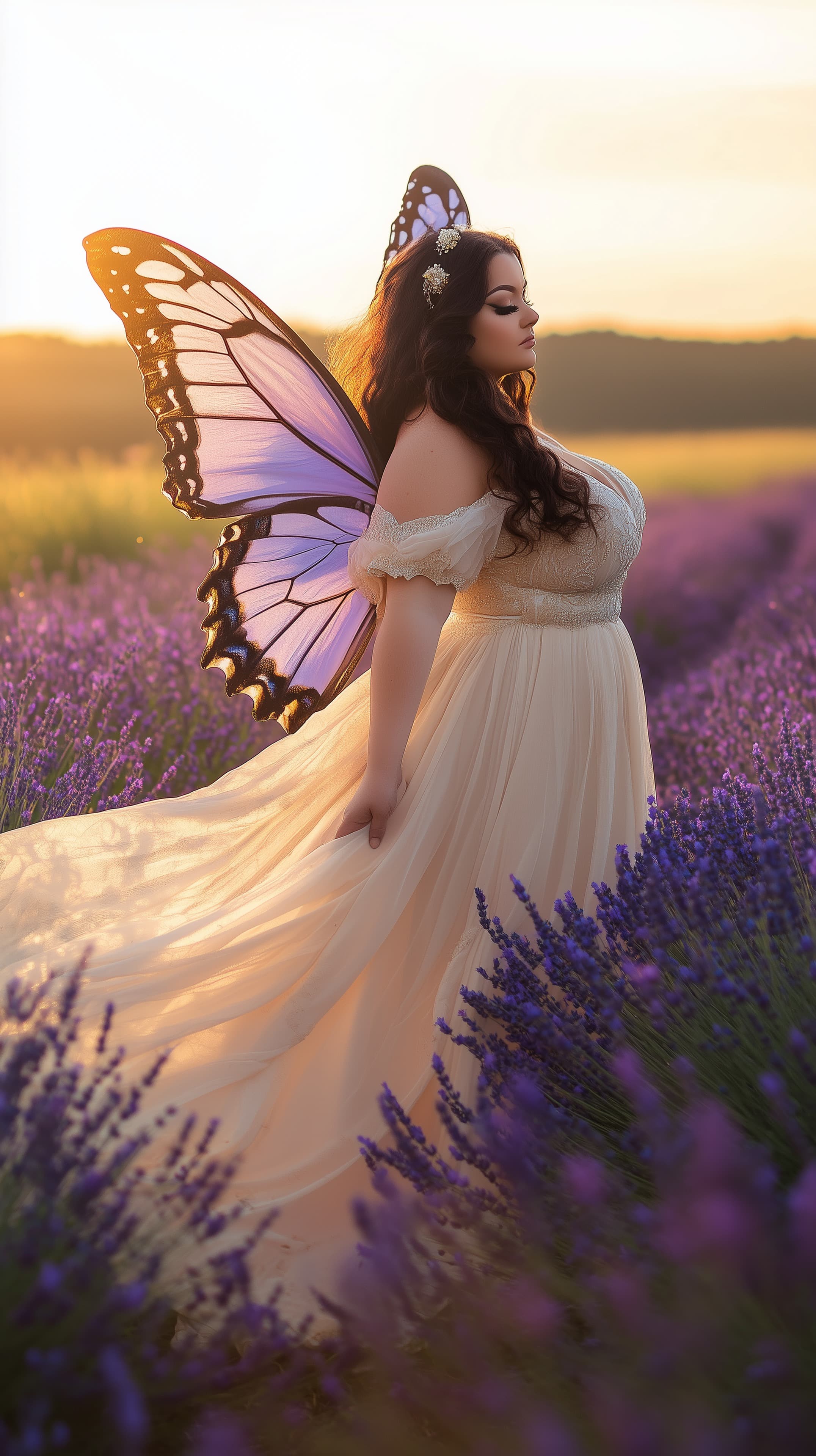 Ethereal butterfly-winged woman in lavender field at sunset - High Resolution butterfly Wallpaper for Mobile and Desktop