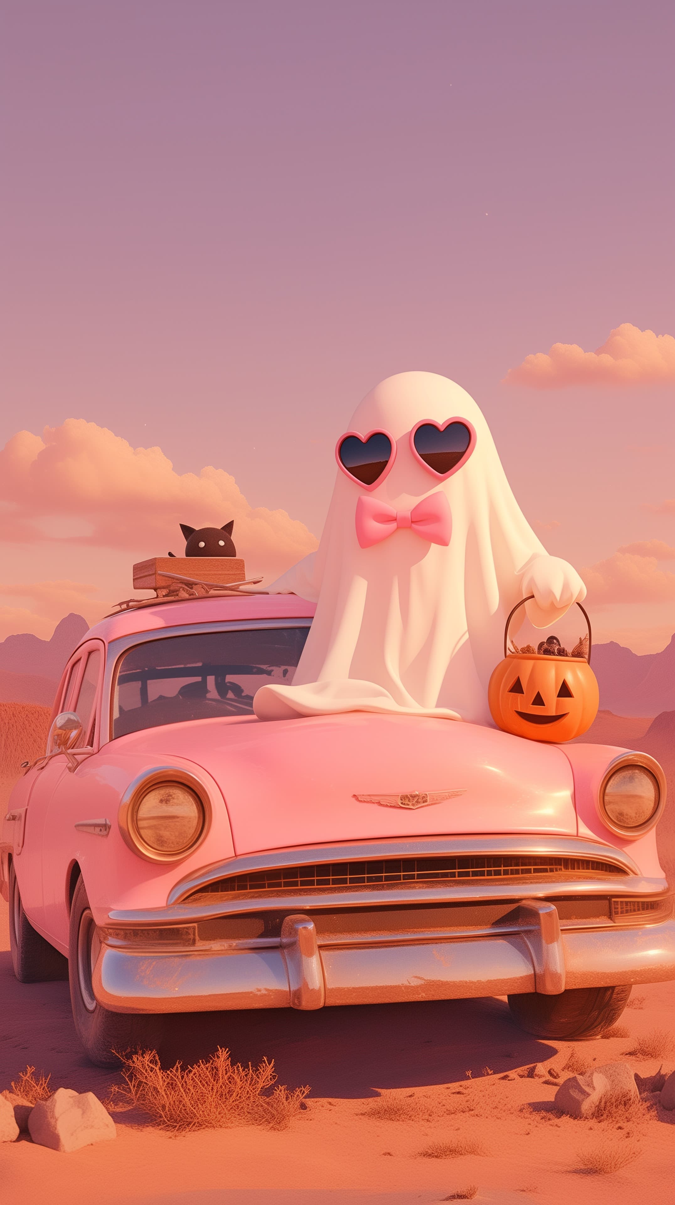 Pastel Ghost on a Dreamy Pink Vintage Car at Sunset - High Resolution desert-scene Wallpaper for Mobile and Desktop