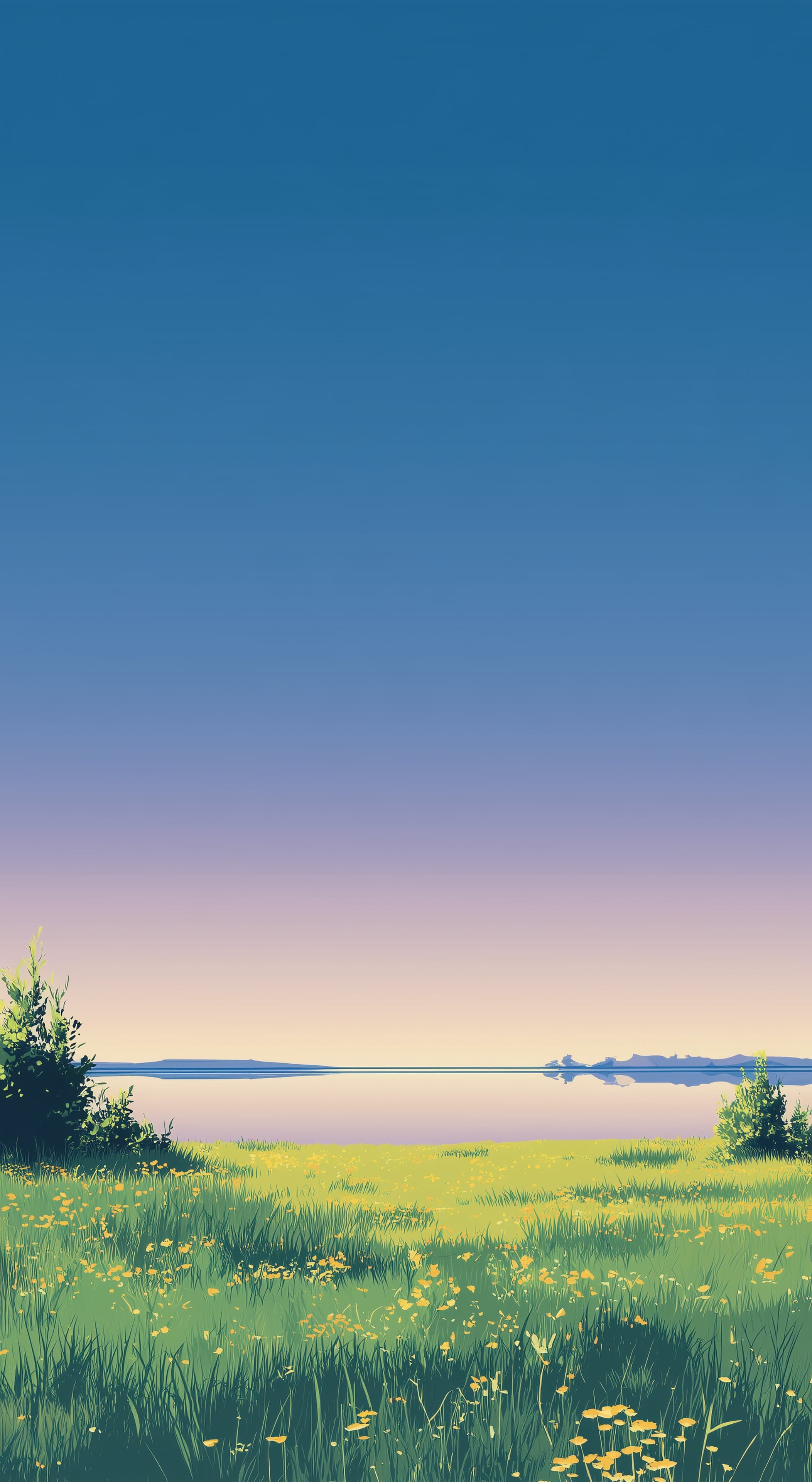 Pastel Meadow at Sunrise: Tranquil Field by the Lake - Wallpaper - High Resolution calm-nature Wallpaper for Mobile and Desktop