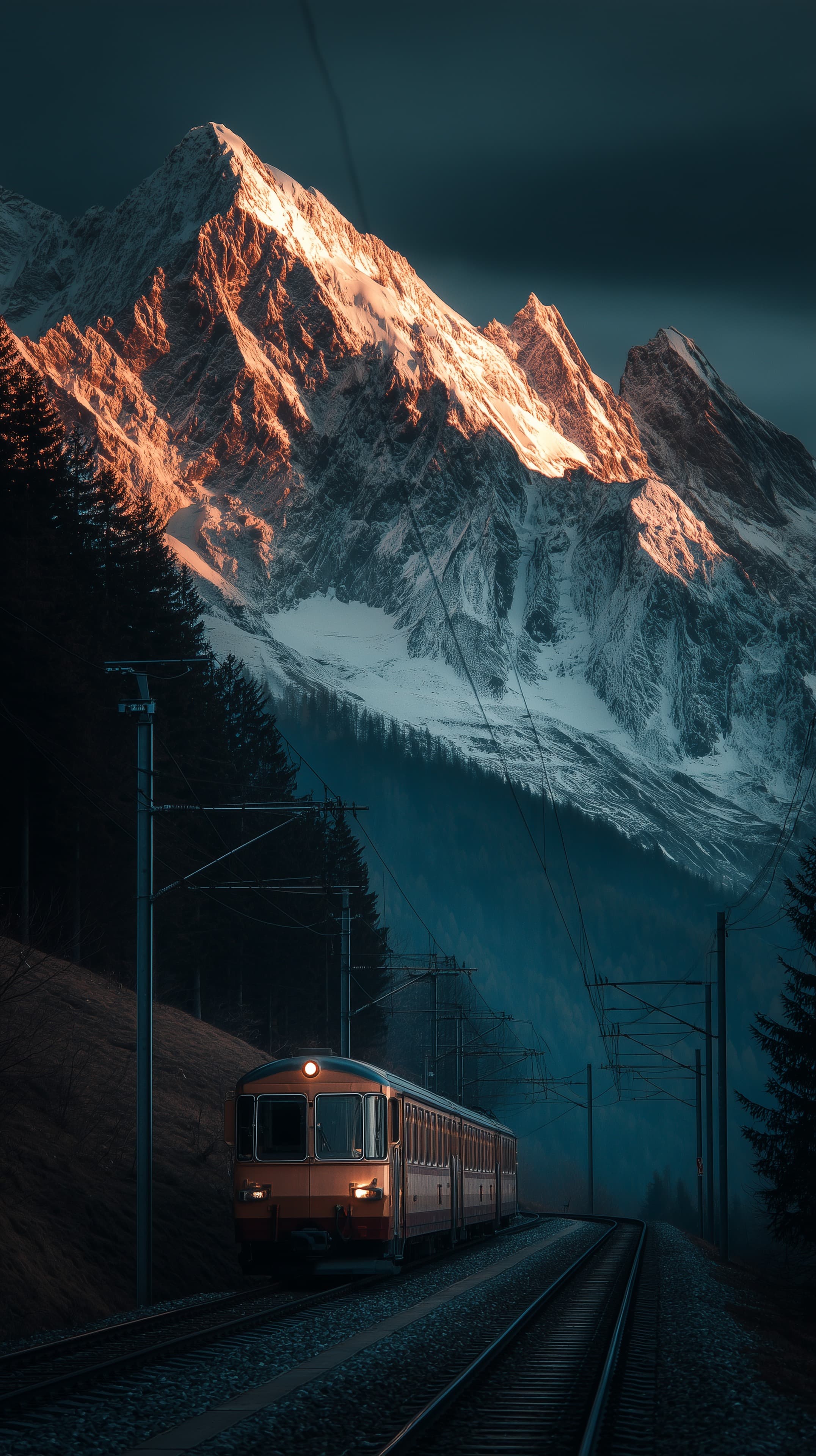 Sunlit Mountain Train at Dusk Over Snowy Peaks and Valley - High Resolution alpine Wallpaper for Mobile and Desktop