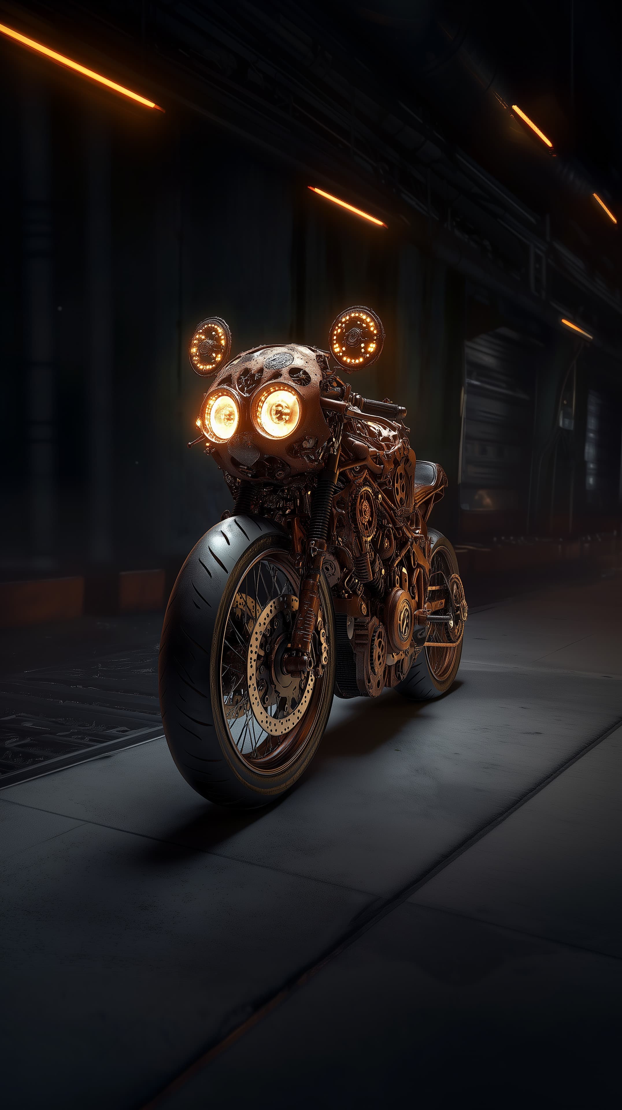 Steampunk Motorcycle in Neon Night - Dark Industrial Street - High Resolution brass-gears Wallpaper for Mobile and Desktop
