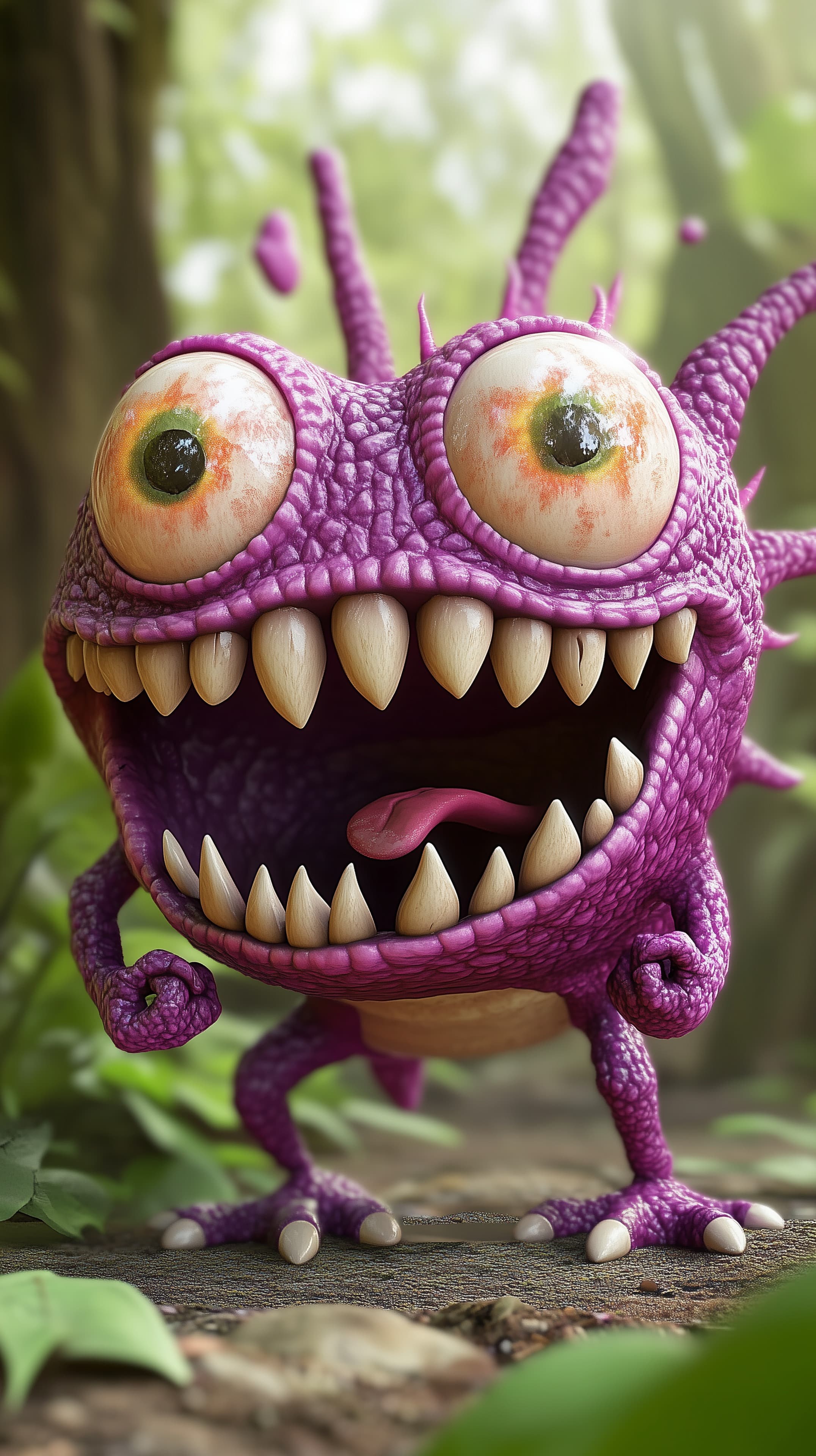 Vibrant Purple Monster in a Lush Forest – 3D Wallpaper - High Resolution 3d-render Wallpaper for Mobile and Desktop