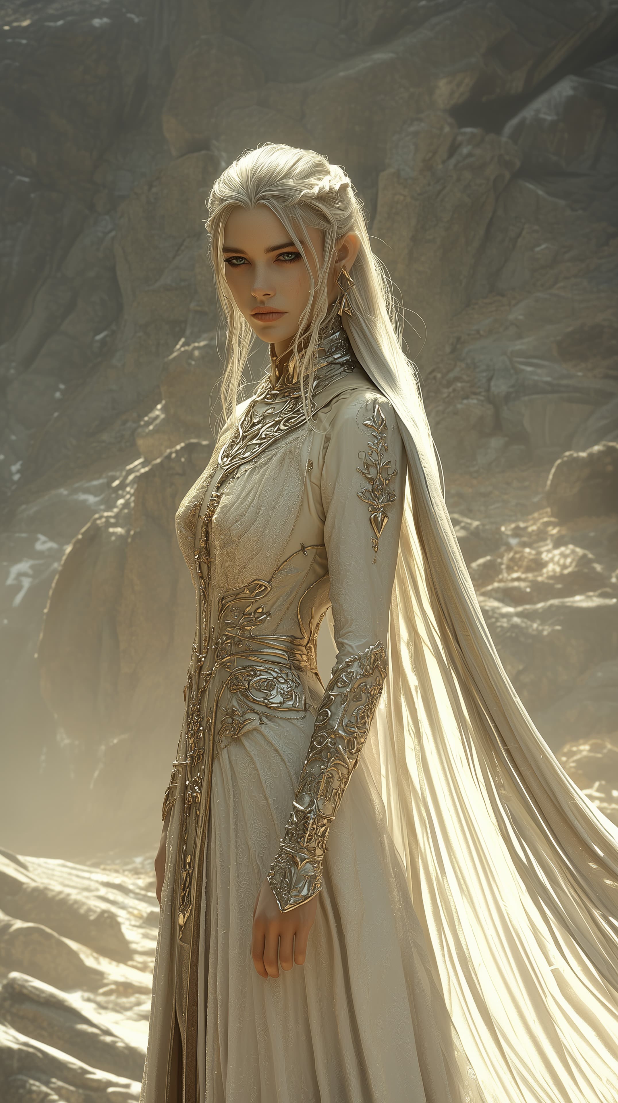 Elegant Fantasy Elf in Ornate Armor Gown in Desert Mist - High Resolution armor Wallpaper for Mobile and Desktop