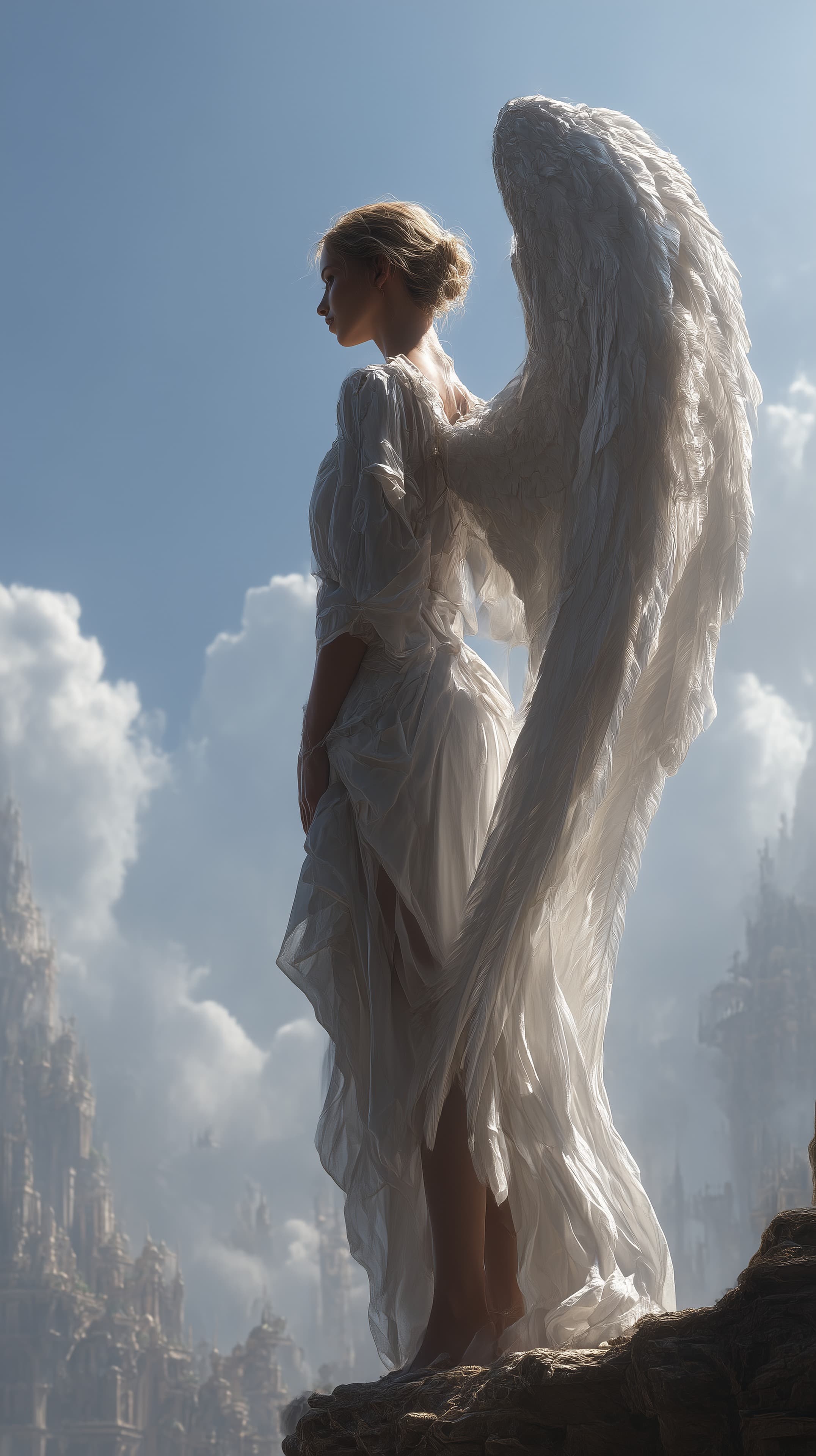 Celestial Angel on a Cloudy Peak with White Wings - Dreamlike Fantasy - High Resolution angel Wallpaper for Mobile and Desktop