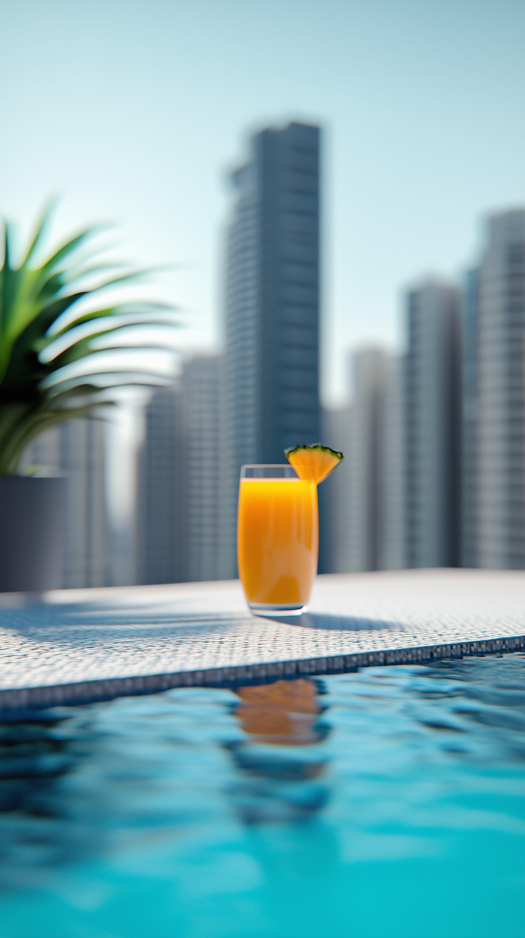 Rooftop Poolside Orange Juice with Modern City Skyline View - High Resolution outdoor-pool Wallpaper for Mobile and Desktop