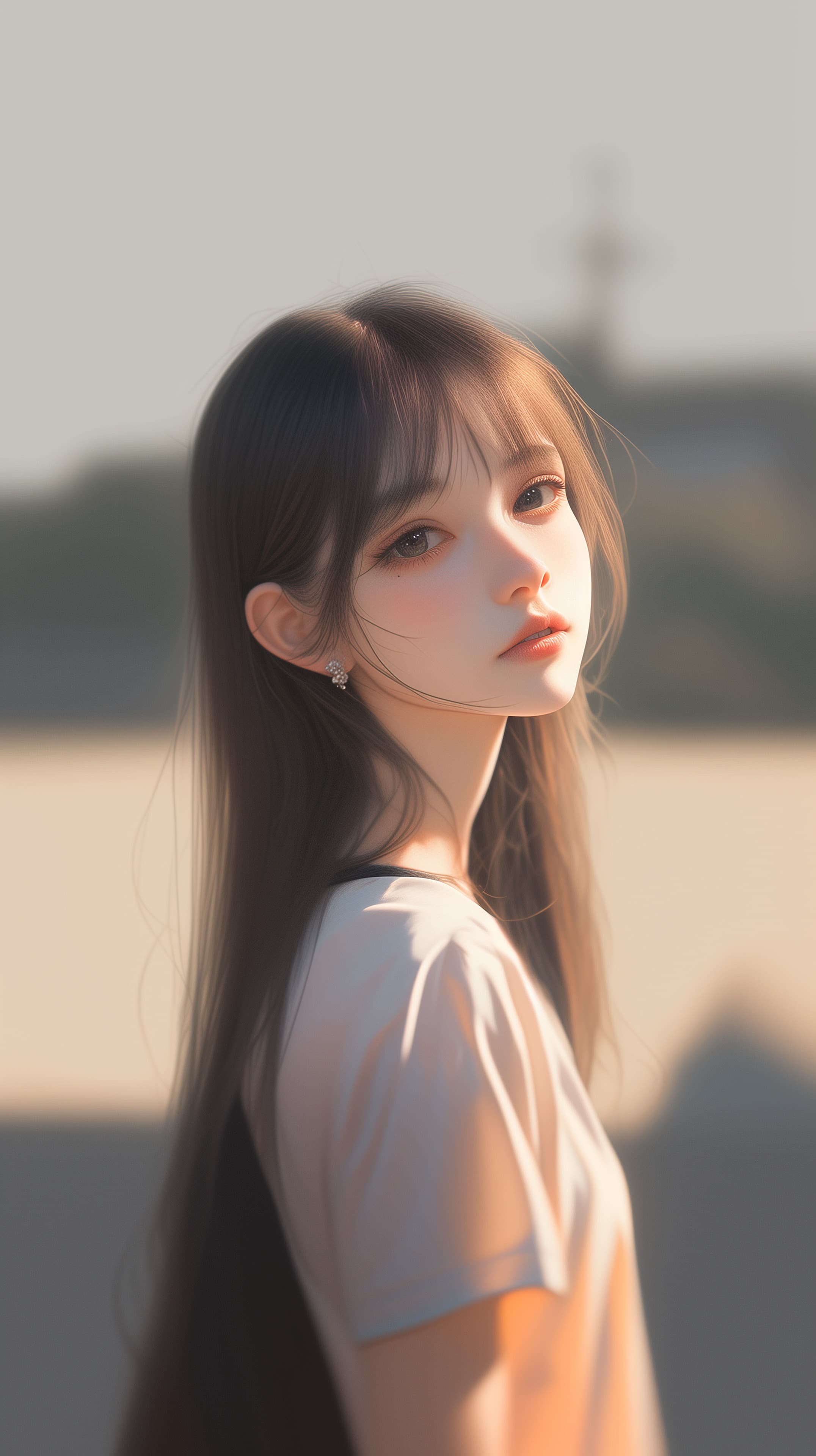 Golden Hour Portrait: Soft Glow on a Long-Haired Woman Outdoors - High Resolution bokeh Wallpaper for Mobile and Desktop