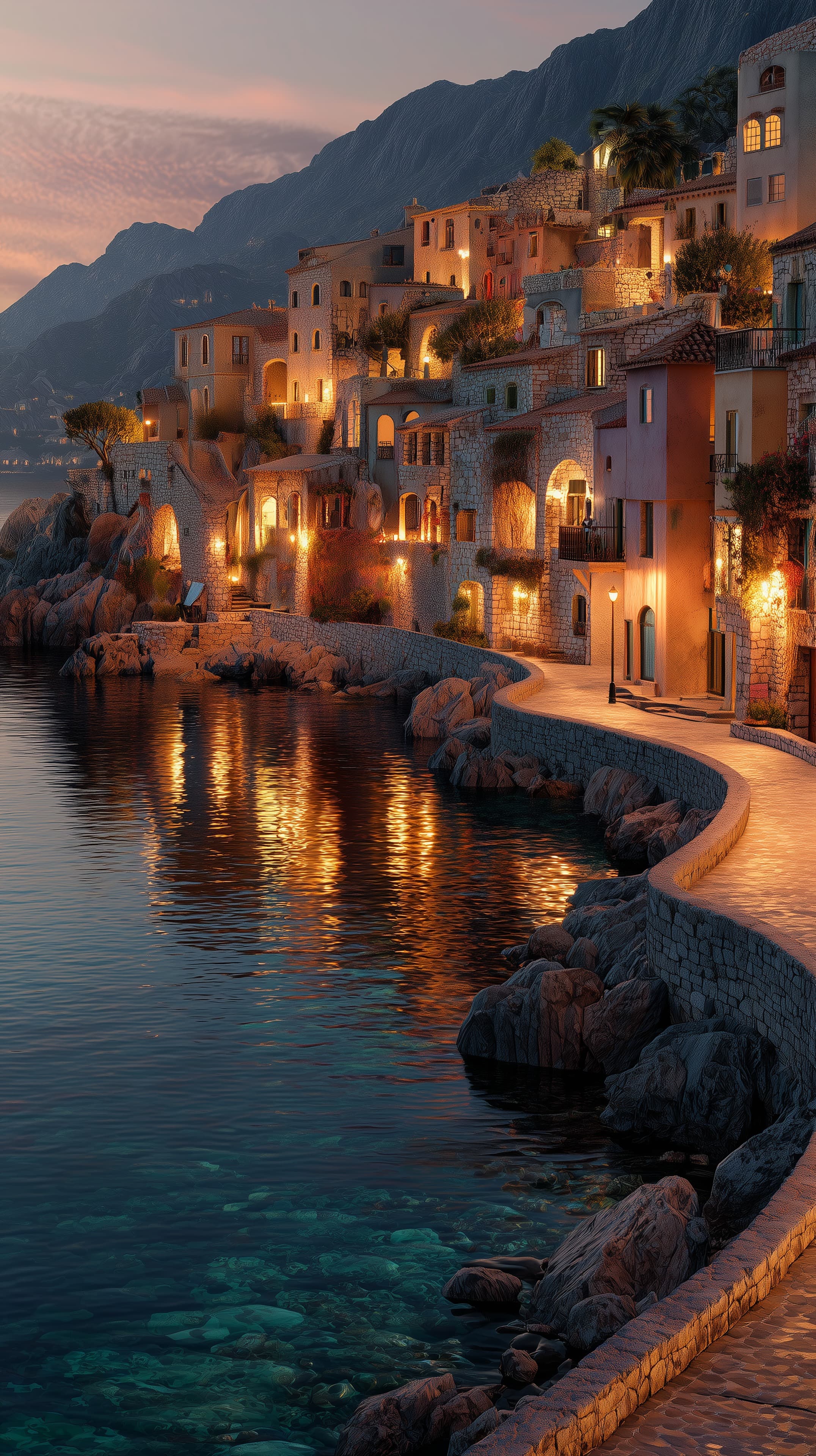 Golden Hour Coastal Village by the Calm Sunset Harbor - High Resolution coastal Wallpaper for Mobile and Desktop