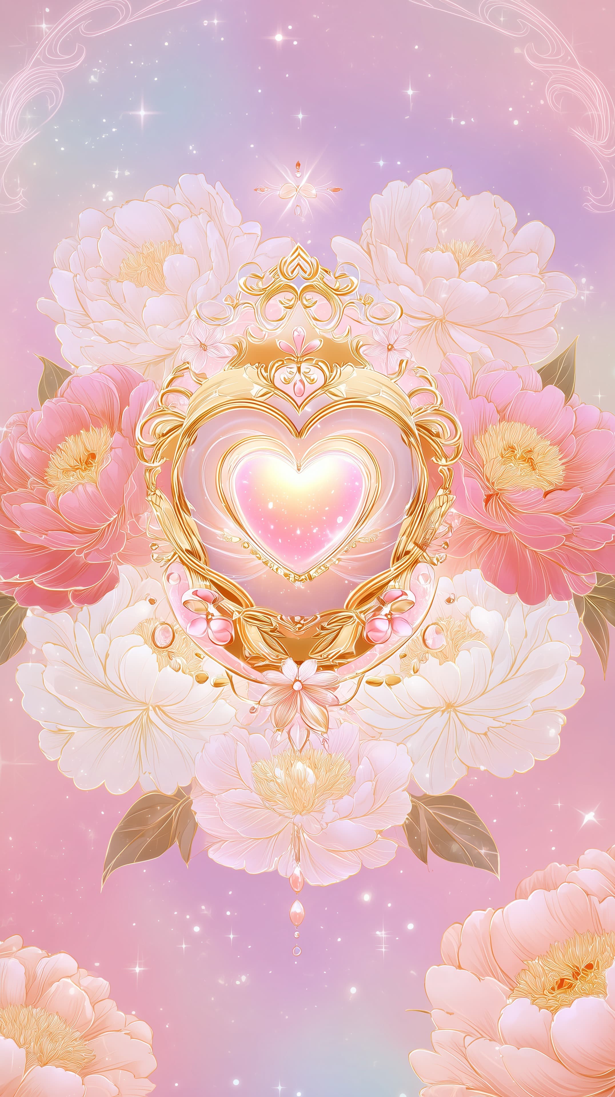 Pastel Floral Heart Frame with Gold Ornament - Dreamy Wallpaper - High Resolution dreamy-background Wallpaper for Mobile and Desktop