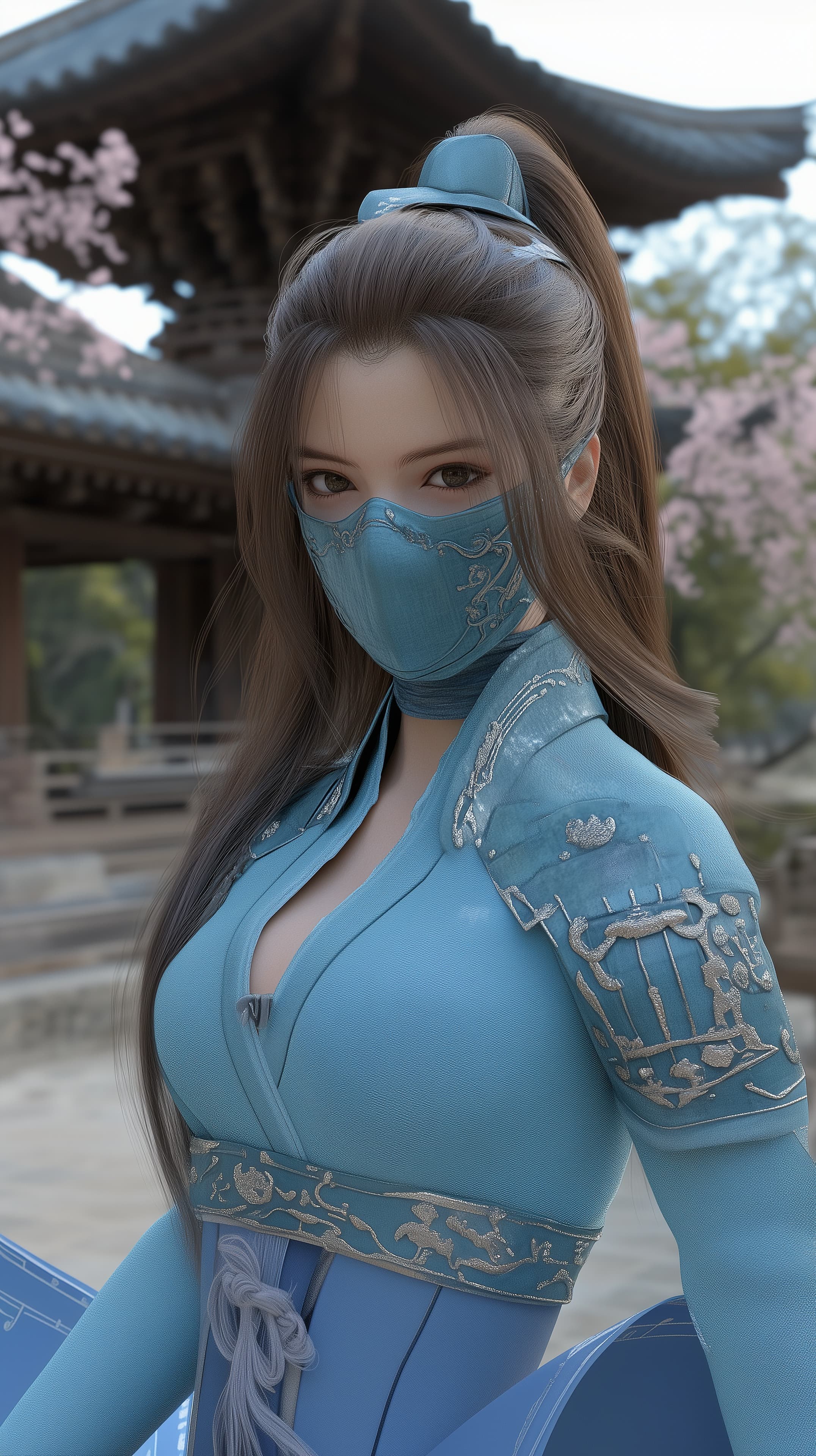 Azure-Clad Masked Warrior in Blossoms – Desktop Wallpaper - High Resolution anime-inspired Wallpaper for Mobile and Desktop
