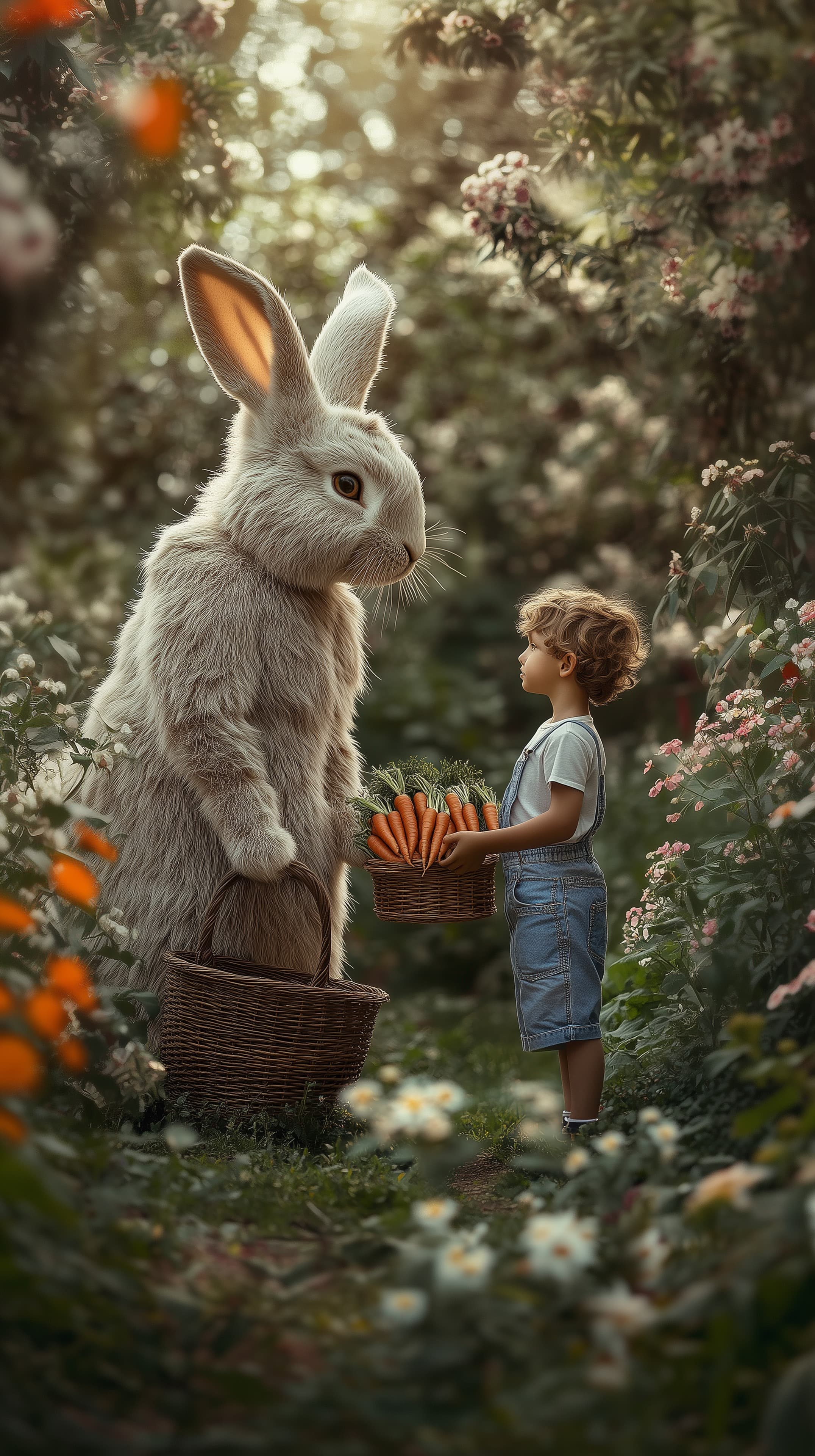 Whimsical Garden Encounter: Child with Gentle Giant Rabbit - High Resolution bokeh-light Wallpaper for Mobile and Desktop