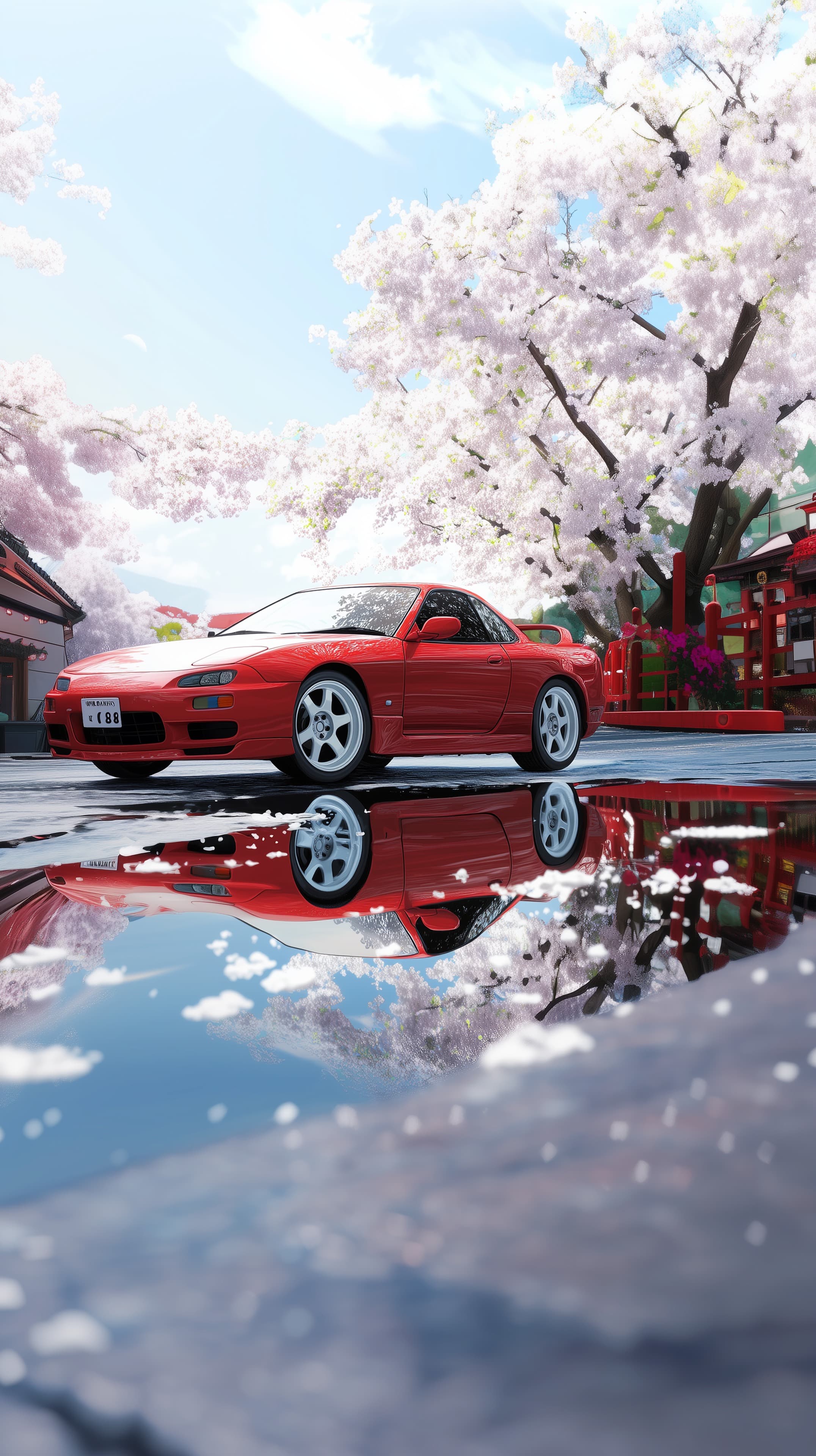 Red sports car under cherry blossoms tranquil spring wallpaper - High Resolution blue-sky Wallpaper for Mobile and Desktop