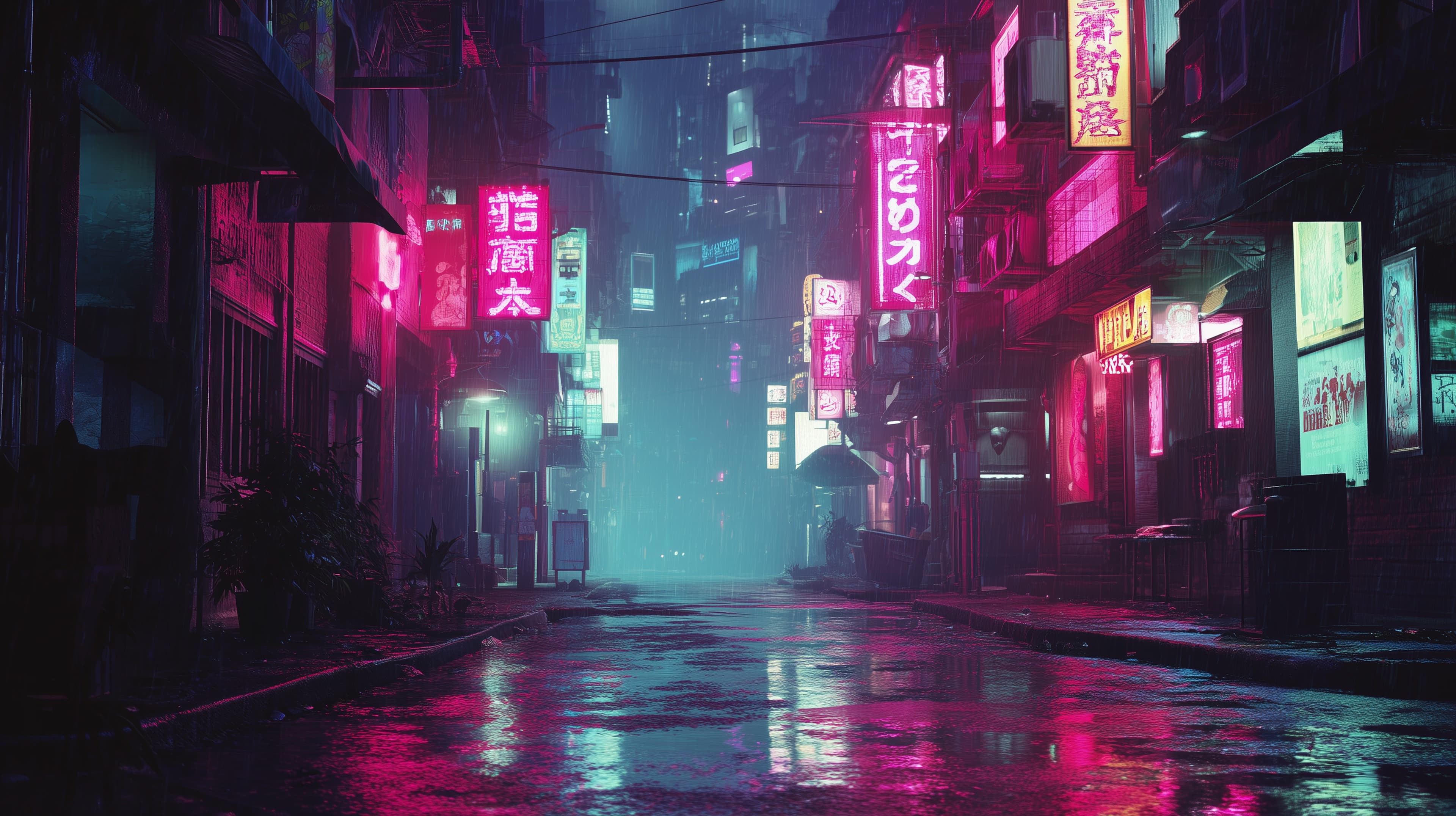 Neon Rain Night Street: Cyberpunk Cityscape Wallpaper - High Resolution cityscape Wallpaper for Mobile and Desktop