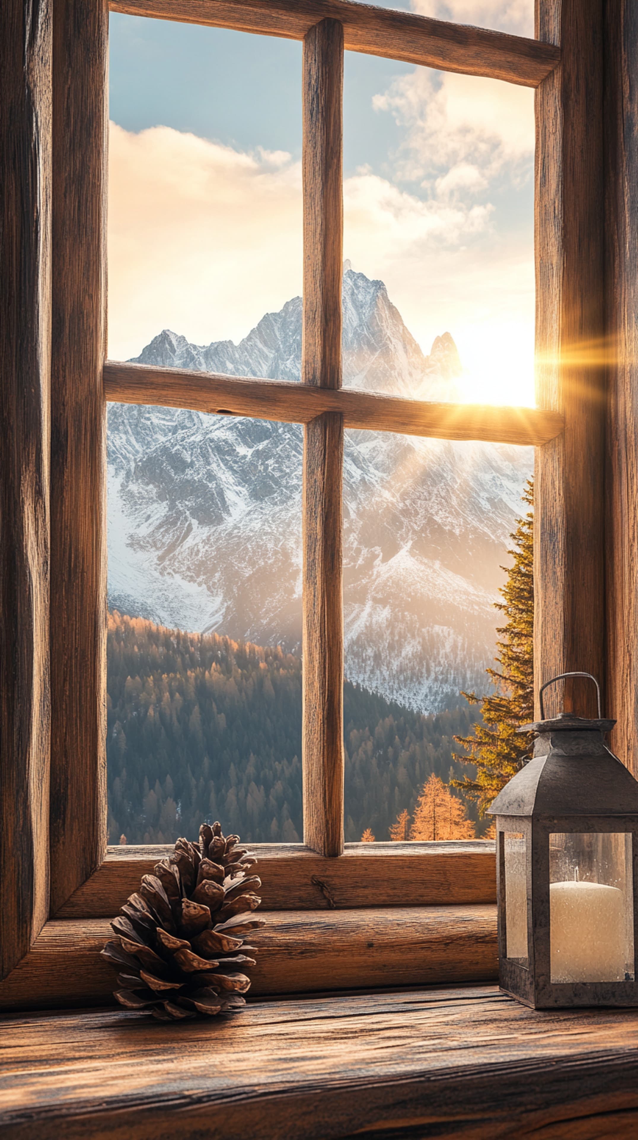 Cozy Mountain Vista Through Rustic Window at Sunrise - High Resolution wooden-window Wallpaper for Mobile and Desktop
