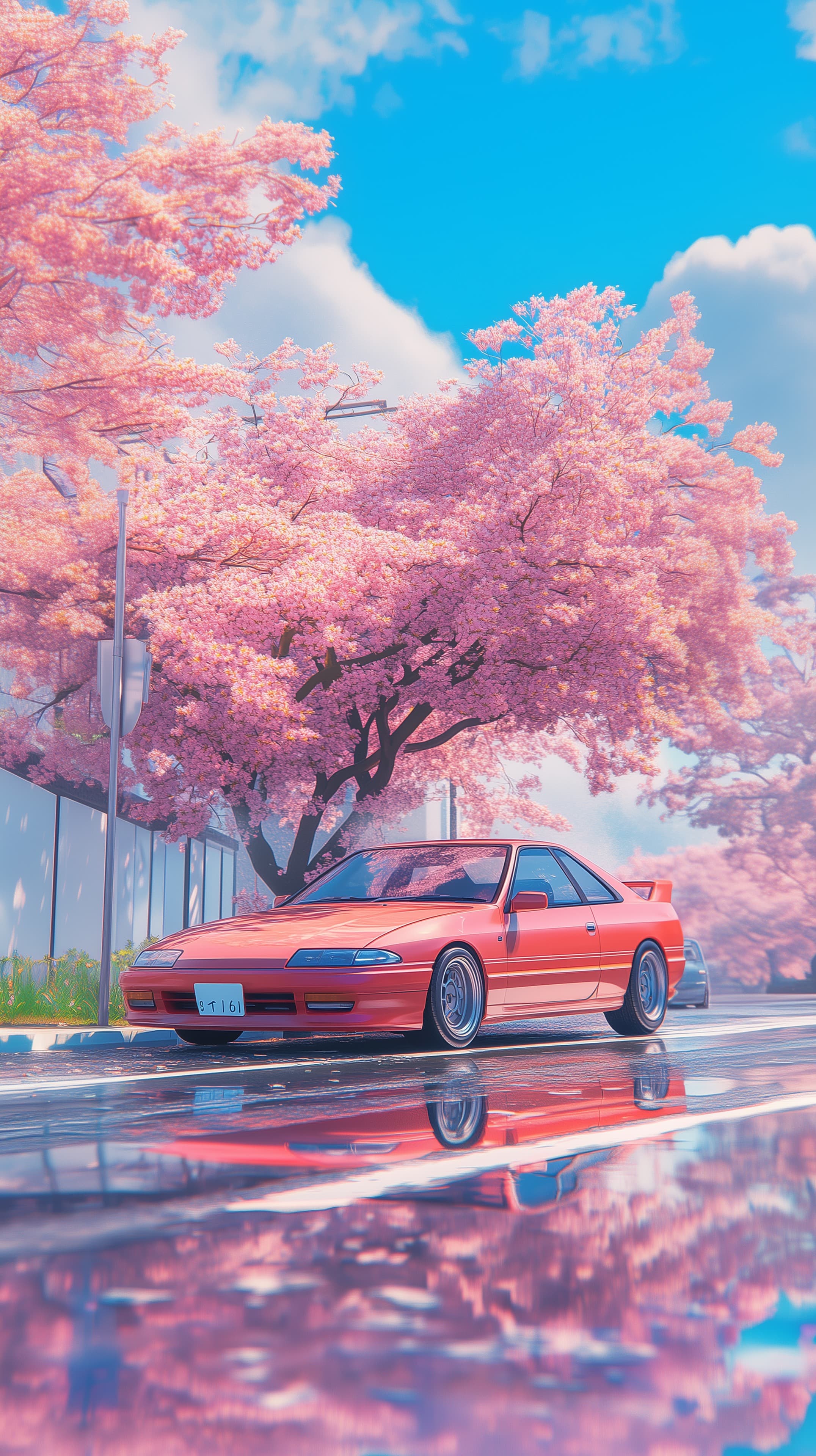 Pastel Cherry Blossom Street with Pink Sports Car Wallpaper - High Resolution blue-sky Wallpaper for Mobile and Desktop