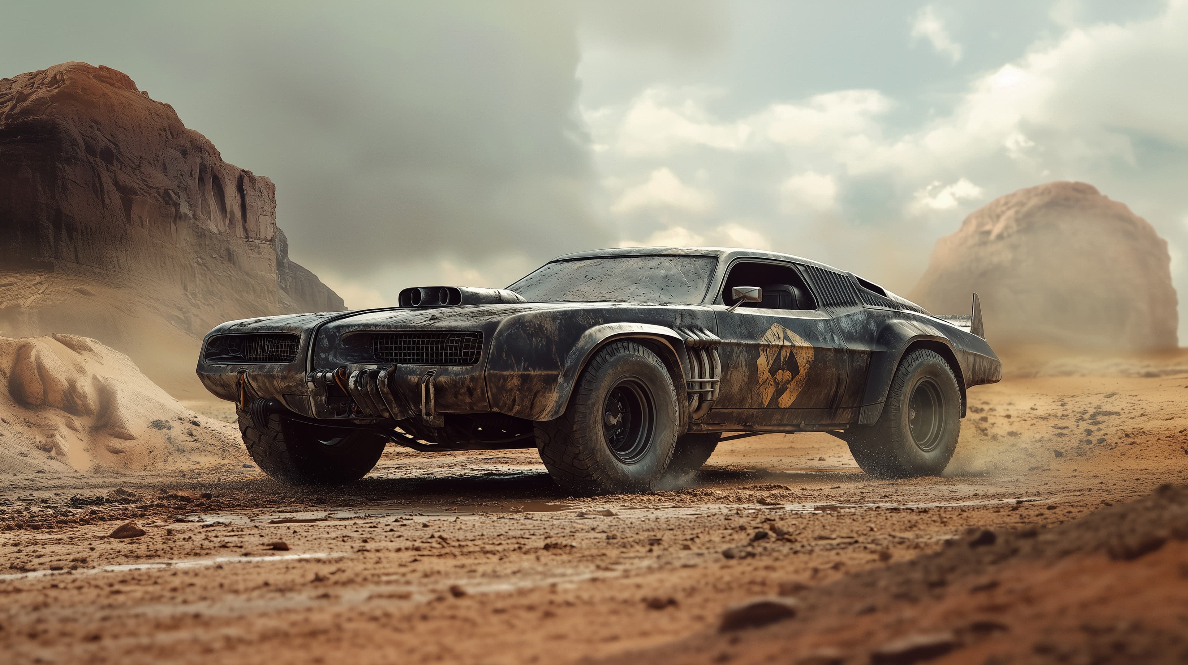 Dusty Desert Muscle Car in Rugged Post-Apocalyptic Scene - High Resolution car Wallpaper for Mobile and Desktop